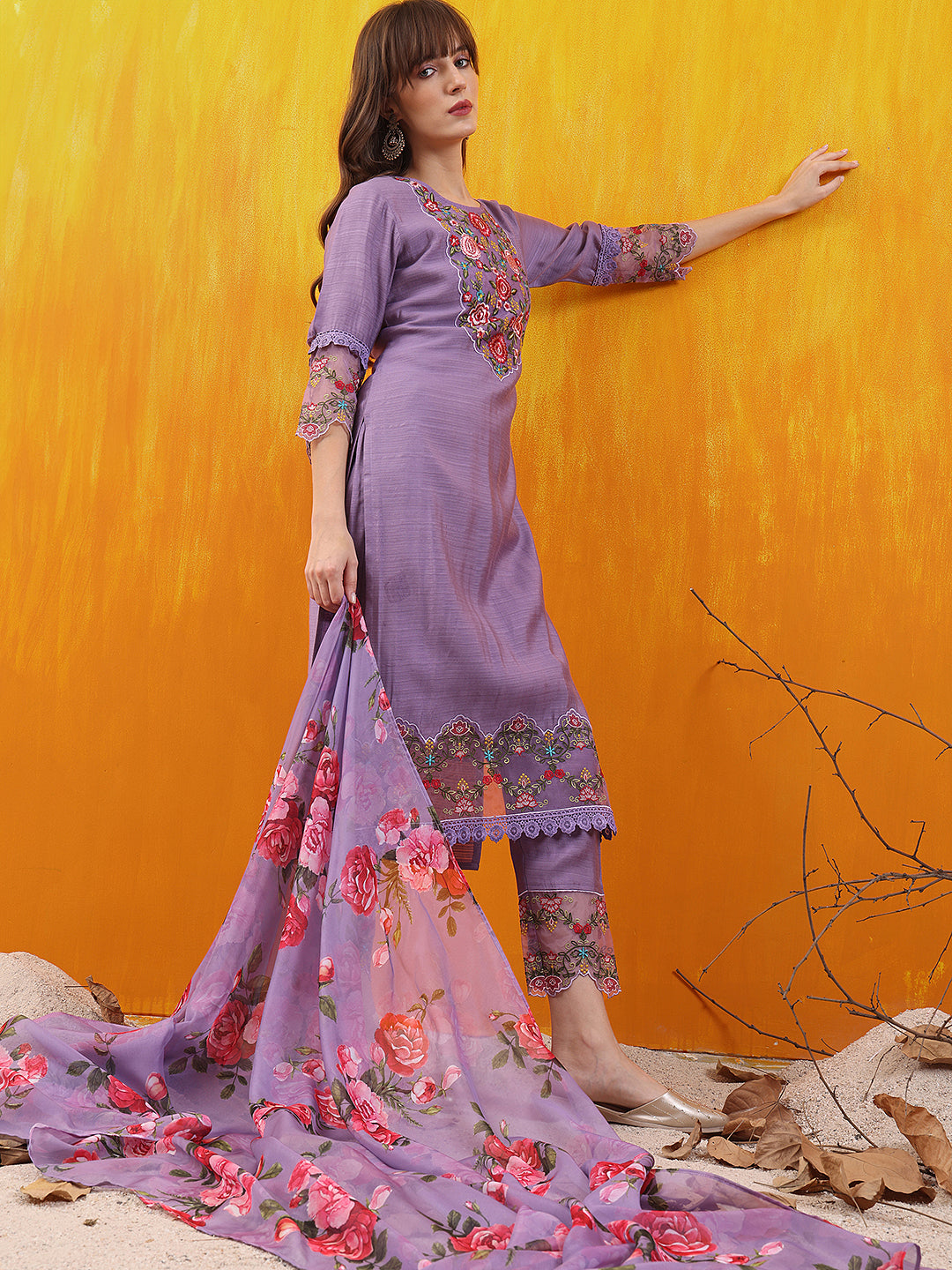Applique Embroidered Kurta with Pant & Printed Dupatta
