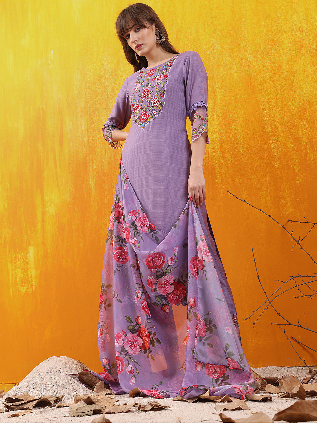 Applique Embroidered Kurta with Pant & Printed Dupatta