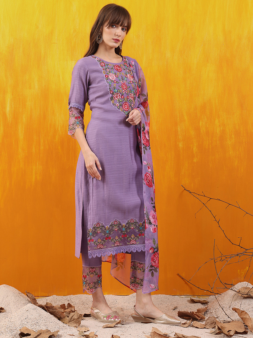 Applique Embroidered Kurta with Pant & Printed Dupatta