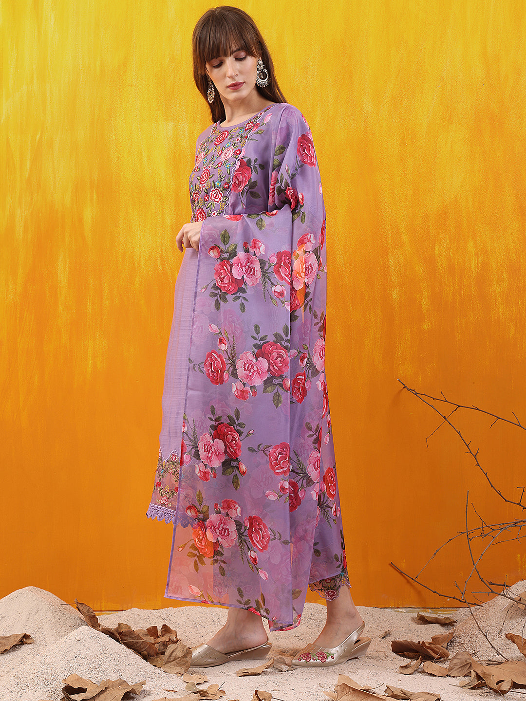 Applique Embroidered Kurta with Pant & Printed Dupatta