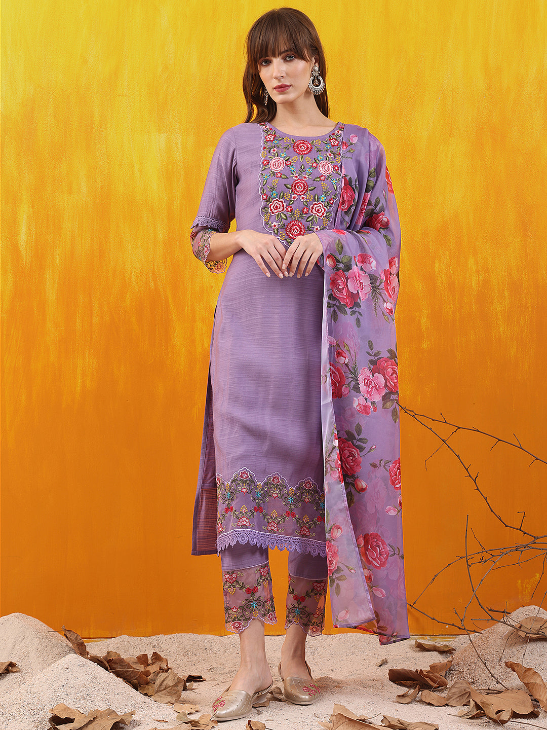 Applique Embroidered Kurta with Pant & Printed Dupatta