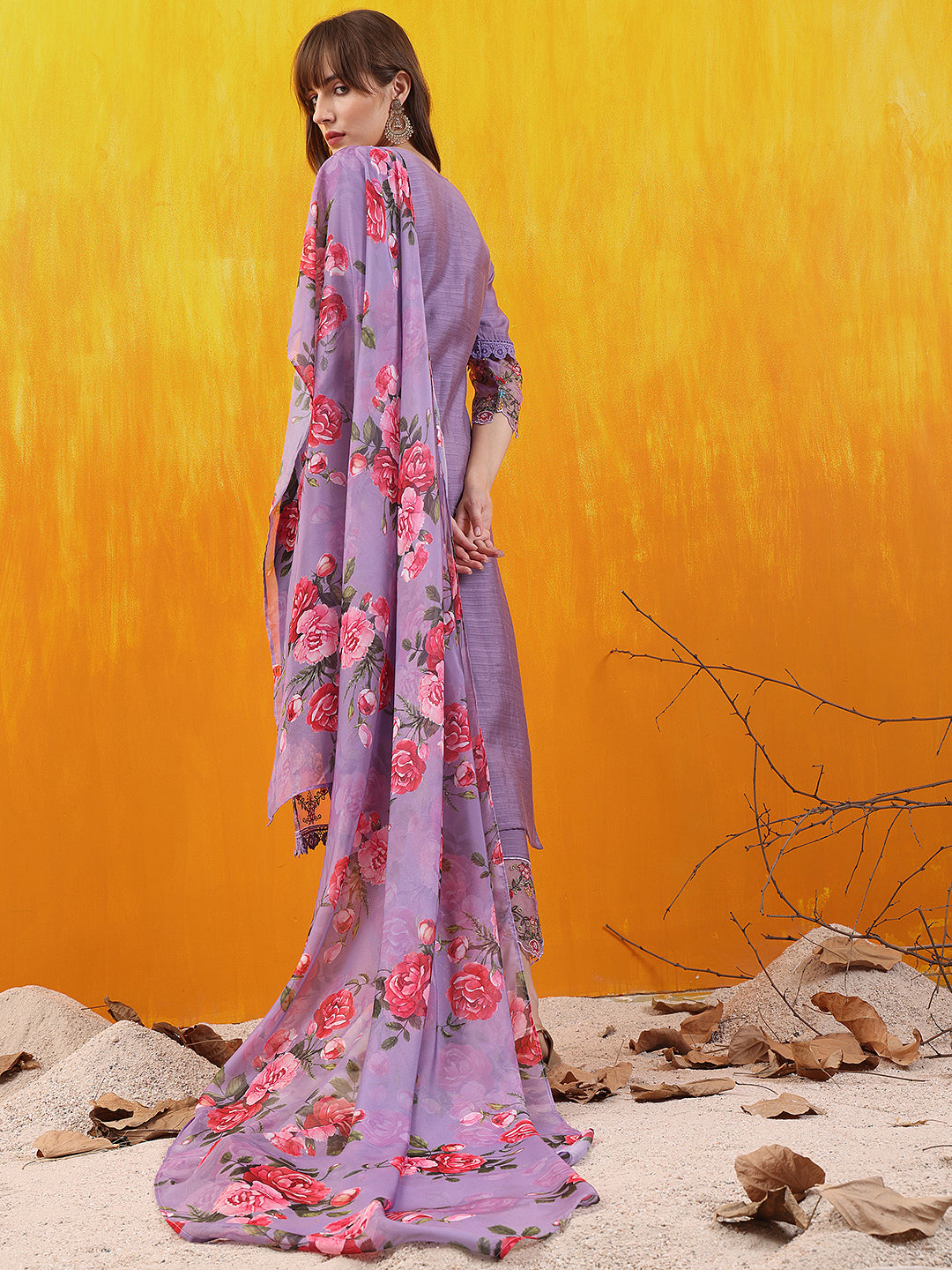Applique Embroidered Kurta with Pant & Printed Dupatta