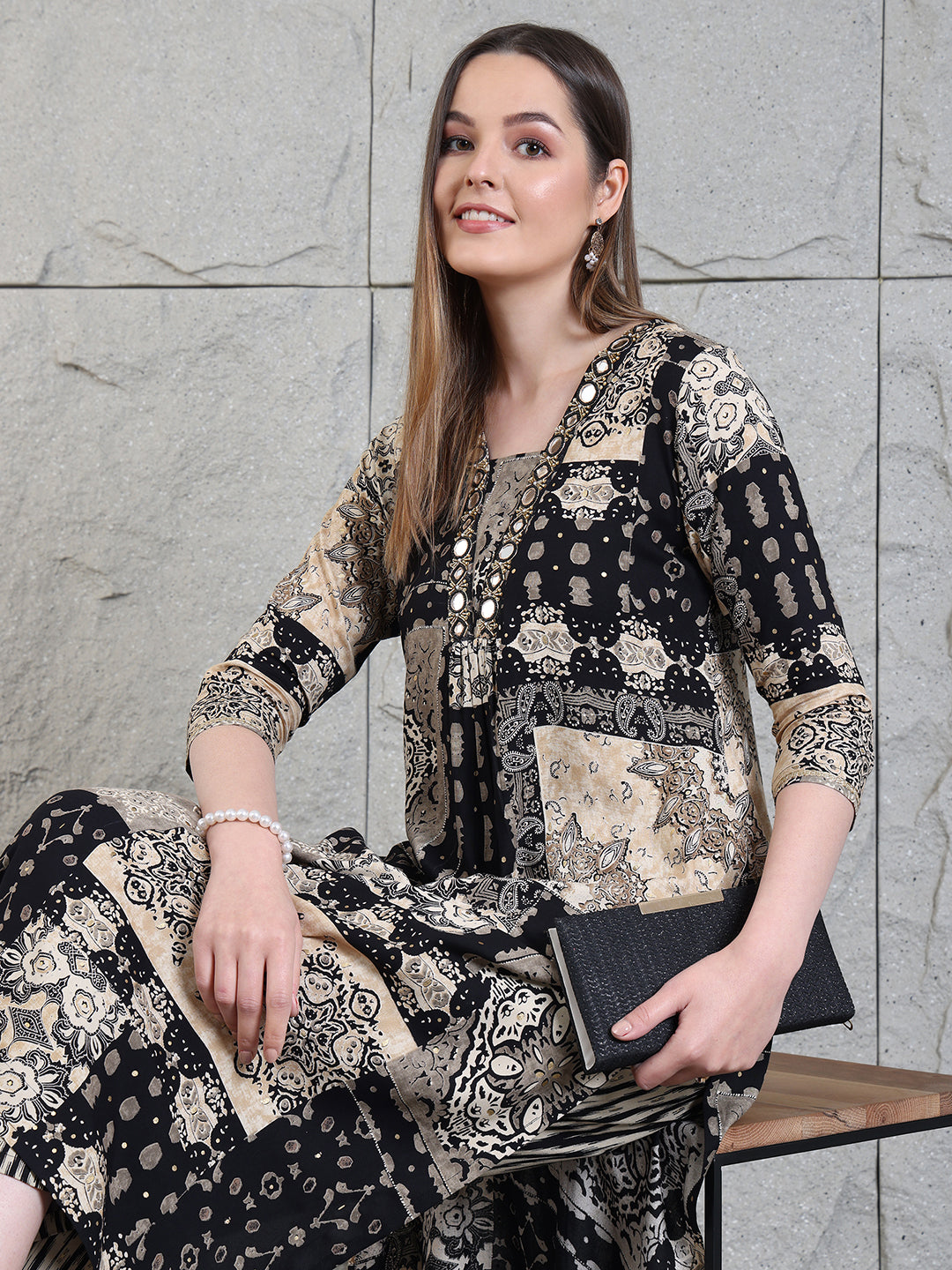 Hand Embroidered & Printed Kurta with Palazzo Pants