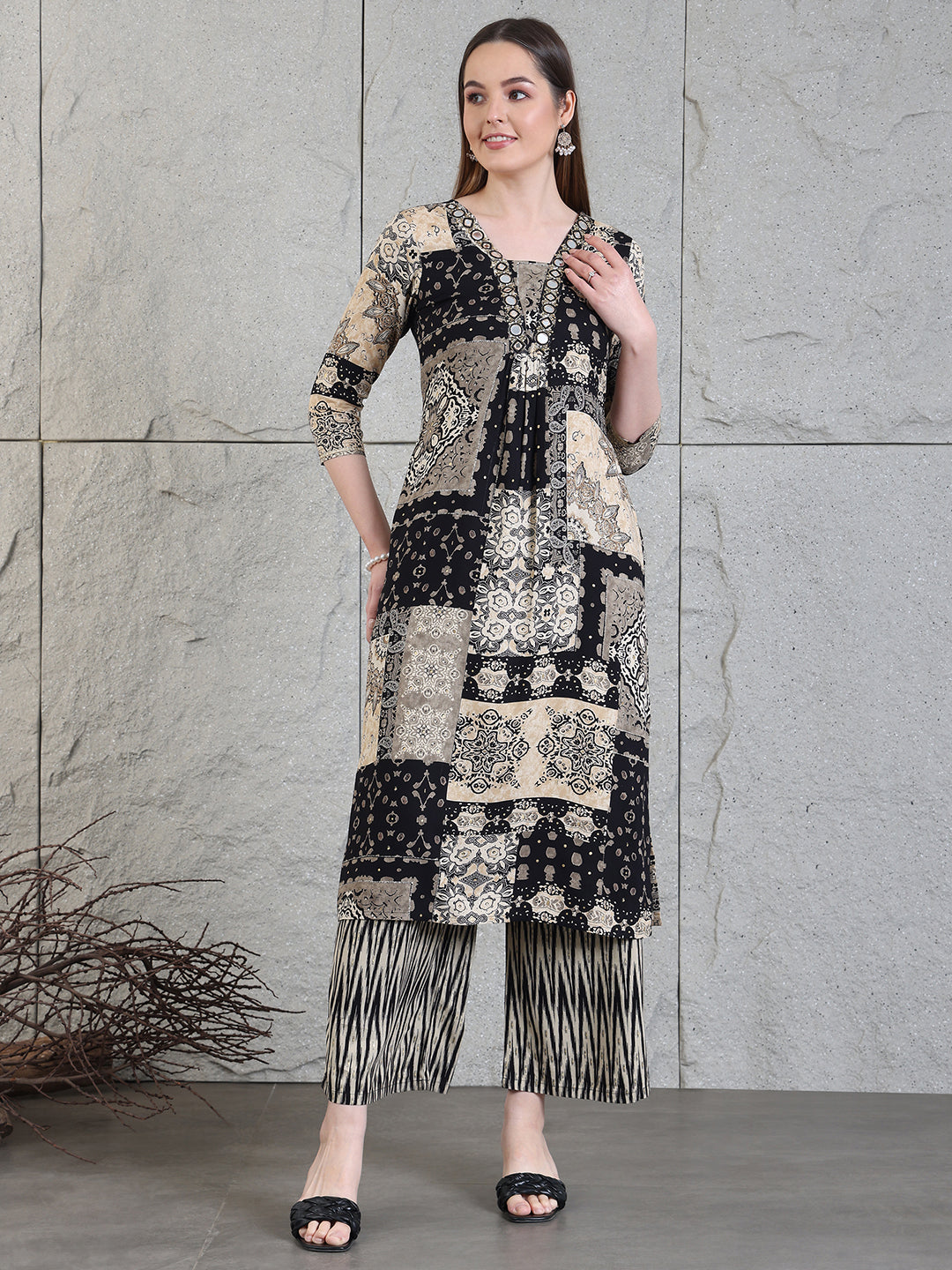 Hand Embroidered & Printed Kurta with Palazzo Pants