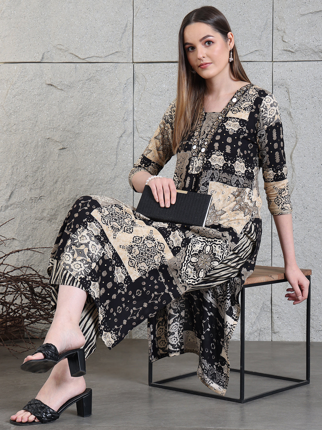 Hand Embroidered & Printed Kurta with Palazzo Pants