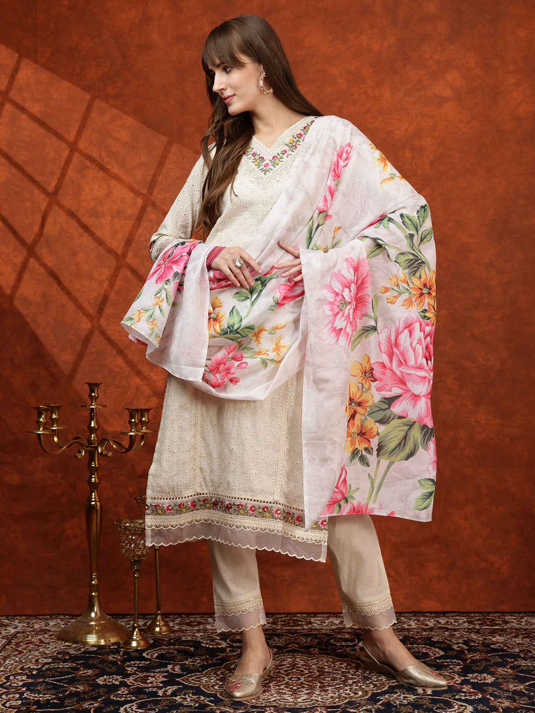 Chikankari & Embroidered Kurta with Pant & Printed Dupatta
