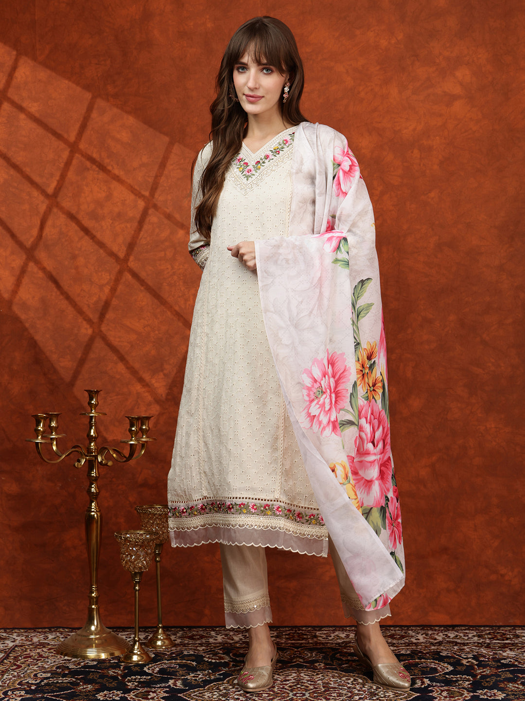 Chikankari & Embroidered Kurta with Pant & Printed Dupatta