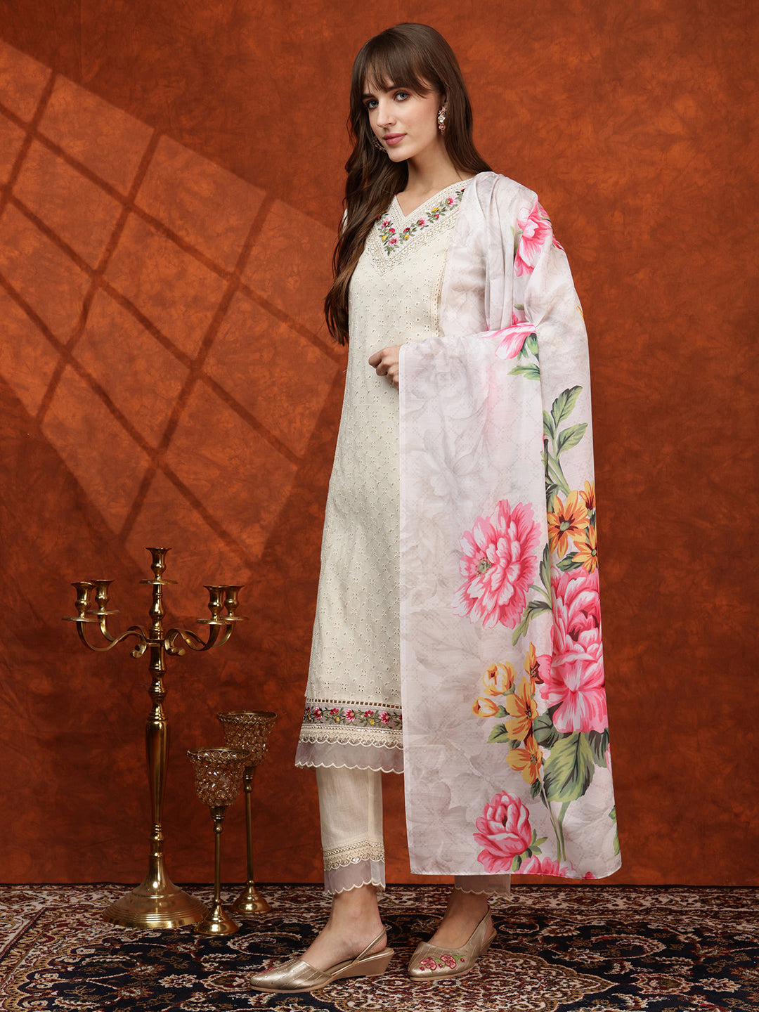 Chikankari & Embroidered Kurta with Pant & Printed Dupatta