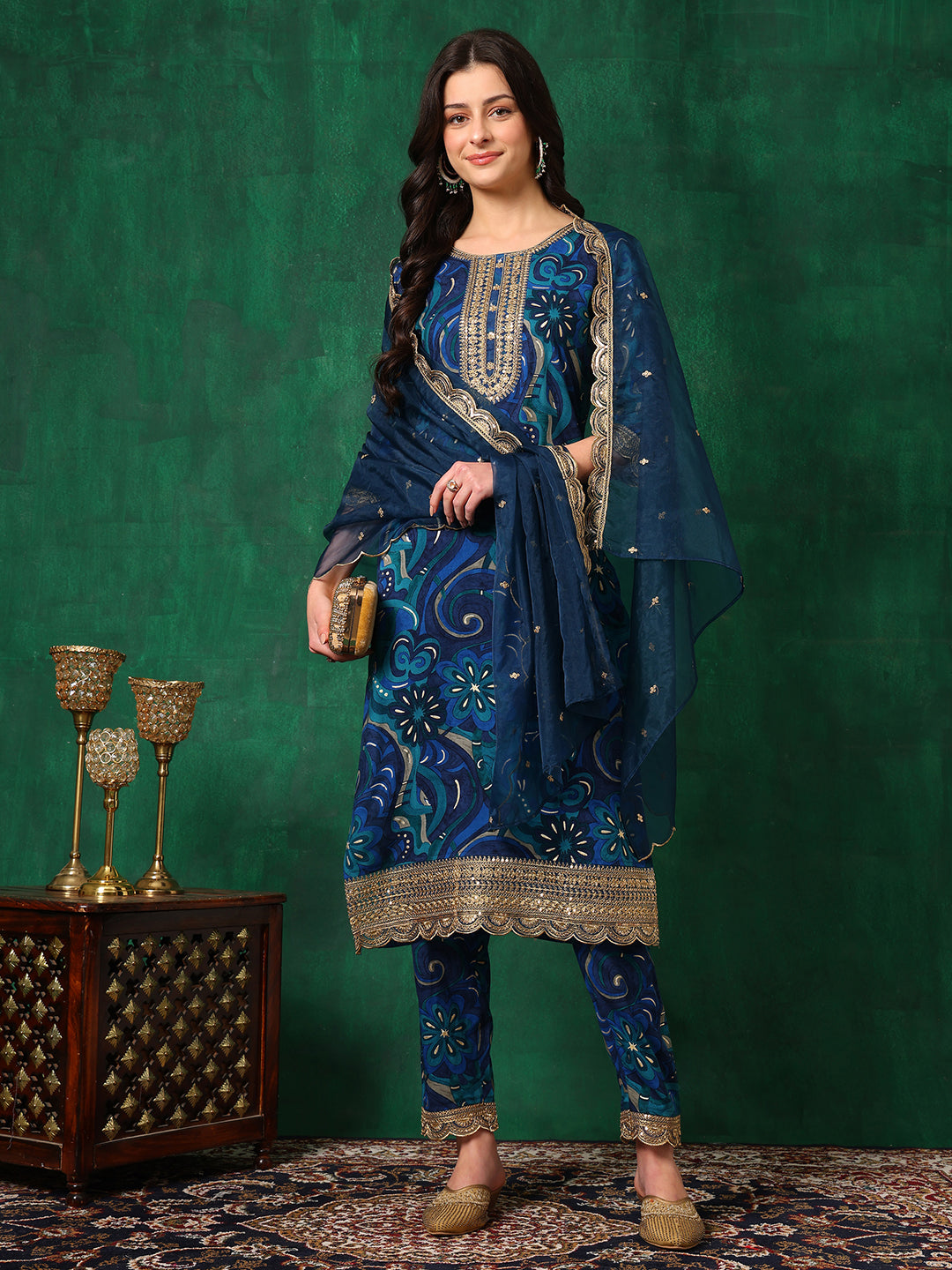 Sequined Embroidered & Printed Kurta with Pant & Embroidered Dupatta