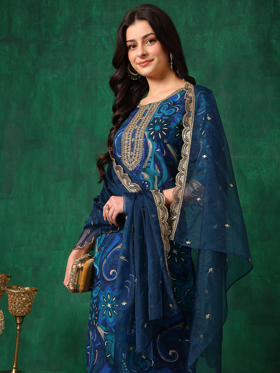 Sequined Embroidered & Printed Kurta with Pant & Embroidered Dupatta