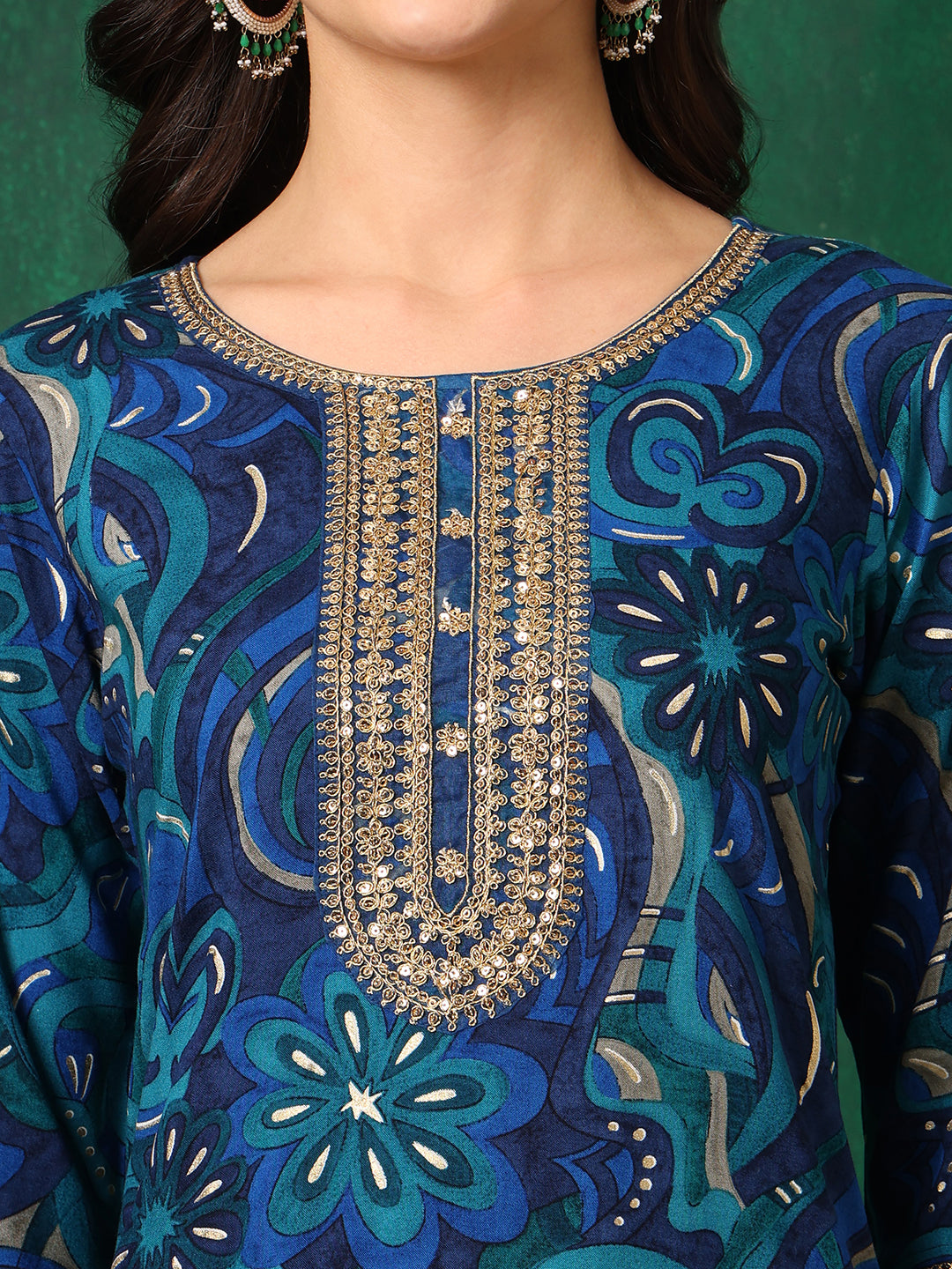 Sequined Embroidered & Printed Kurta with Pant & Embroidered Dupatta