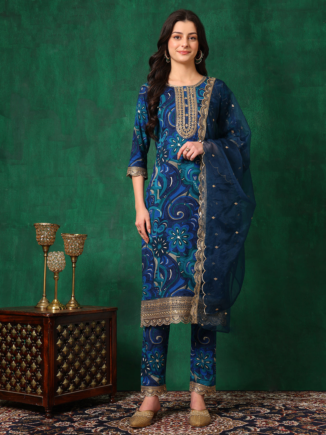 Sequined Embroidered & Printed Kurta with Pant & Embroidered Dupatta