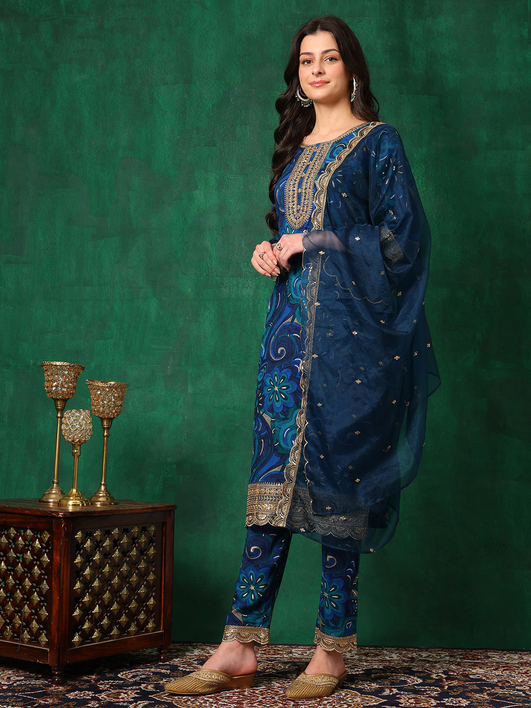 Sequined Embroidered & Printed Kurta with Pant & Embroidered Dupatta
