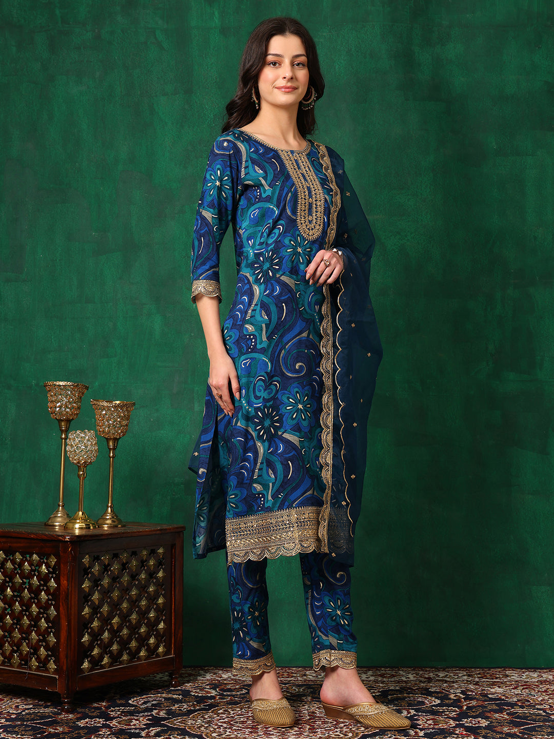 Sequined Embroidered & Printed Kurta with Pant & Embroidered Dupatta