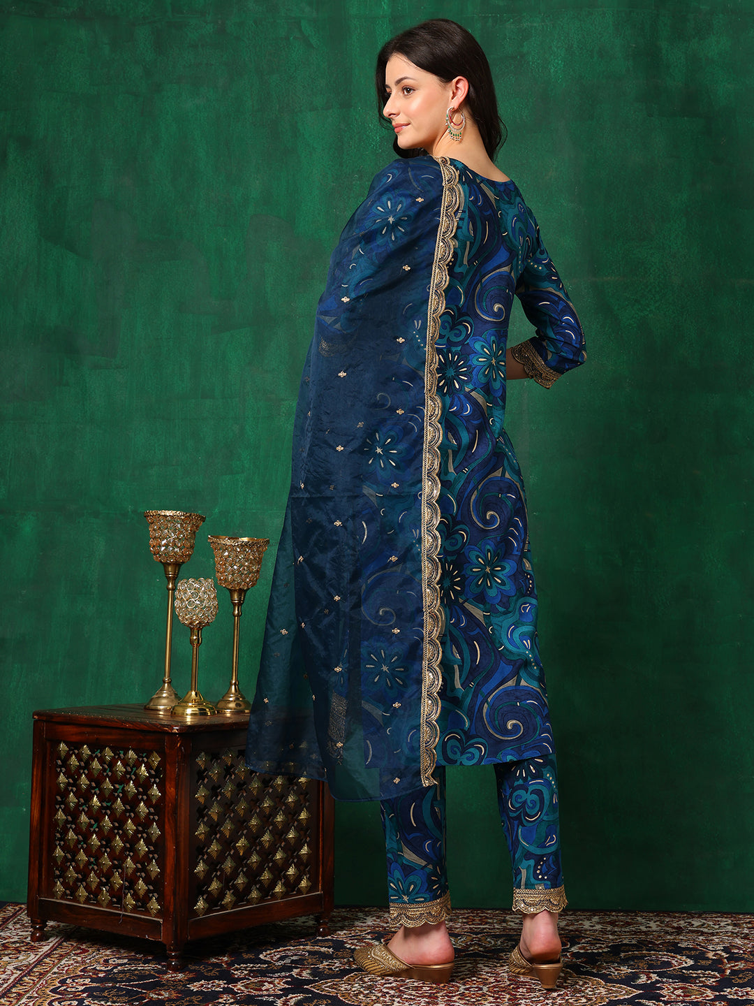 Sequined Embroidered & Printed Kurta with Pant & Embroidered Dupatta