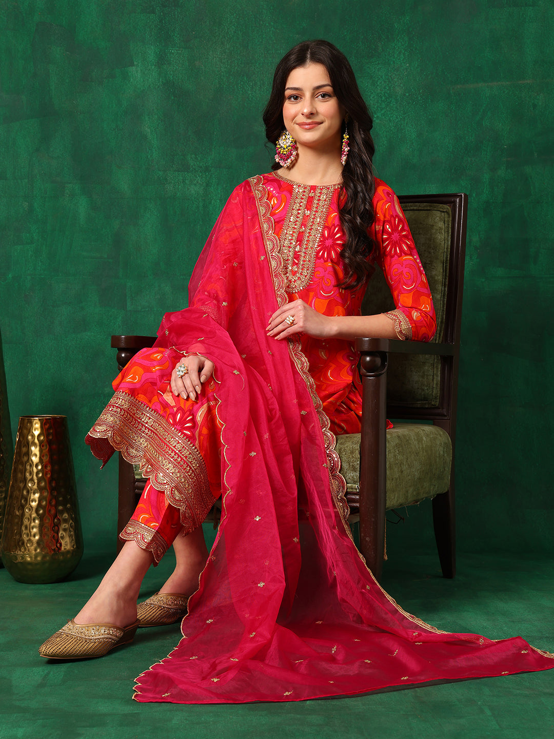 Sequined Embroidered & Printed Kurta with Pant & Embroidered Dupatta