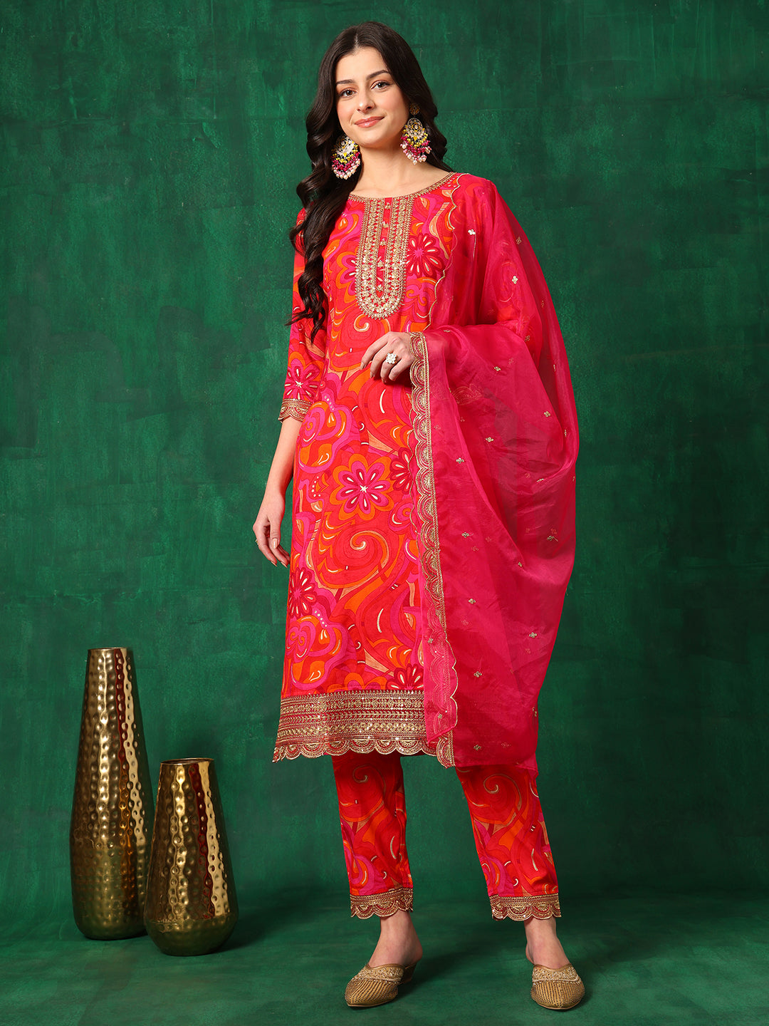 Sequined Embroidered & Printed Kurta with Pant & Embroidered Dupatta