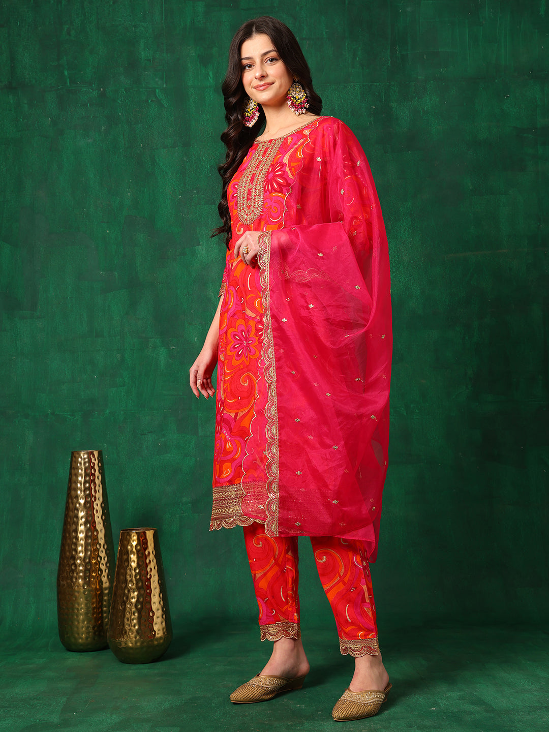 Sequined Embroidered & Printed Kurta with Pant & Embroidered Dupatta