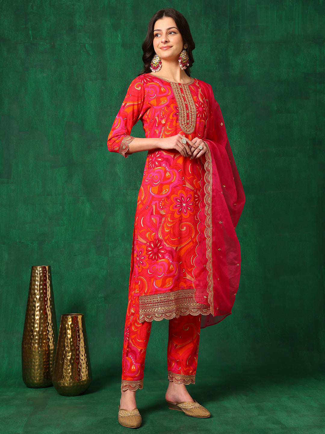 Sequined Embroidered & Printed Kurta with Pant & Embroidered Dupatta