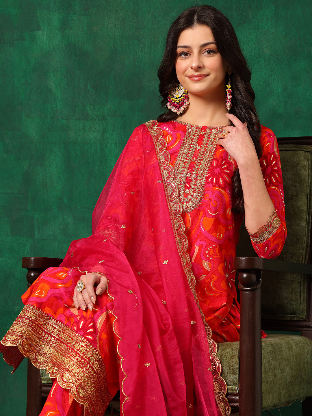 Sequined Embroidered & Printed Kurta with Pant & Embroidered Dupatta