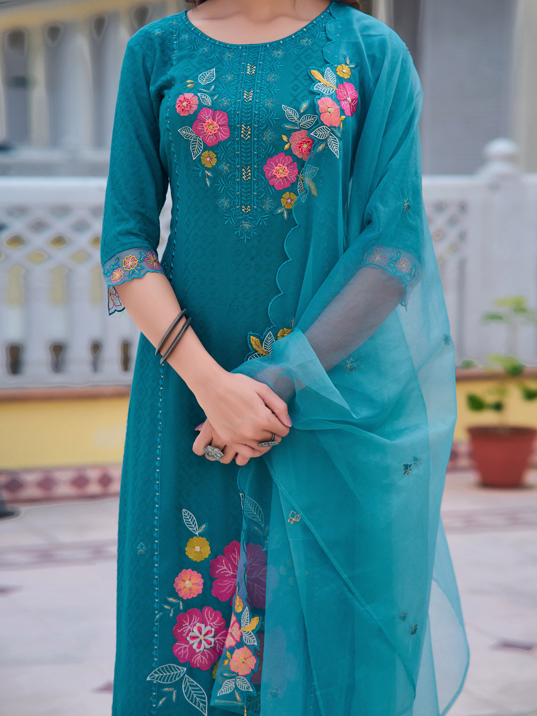 Hand & Machine embroidered Kurta with pant & Embroidered Dupatta