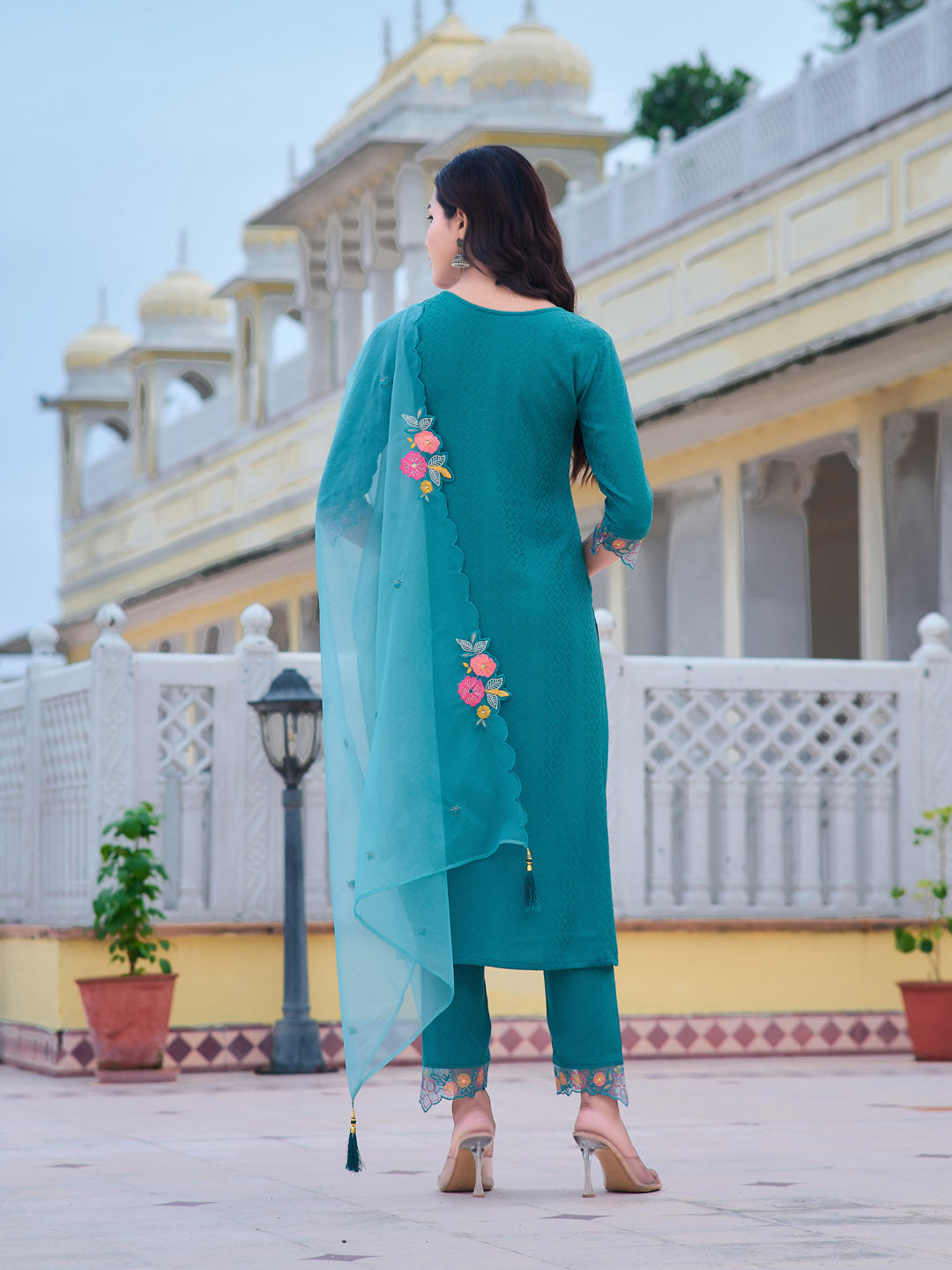 Hand & Machine embroidered Kurta with pant & Embroidered Dupatta