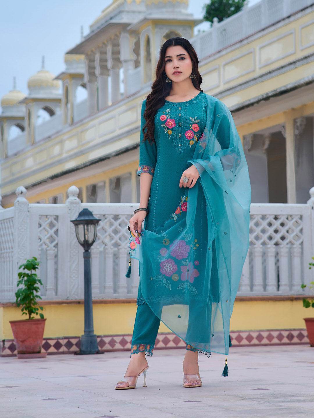 Hand & Machine embroidered Kurta with pant & Embroidered Dupatta