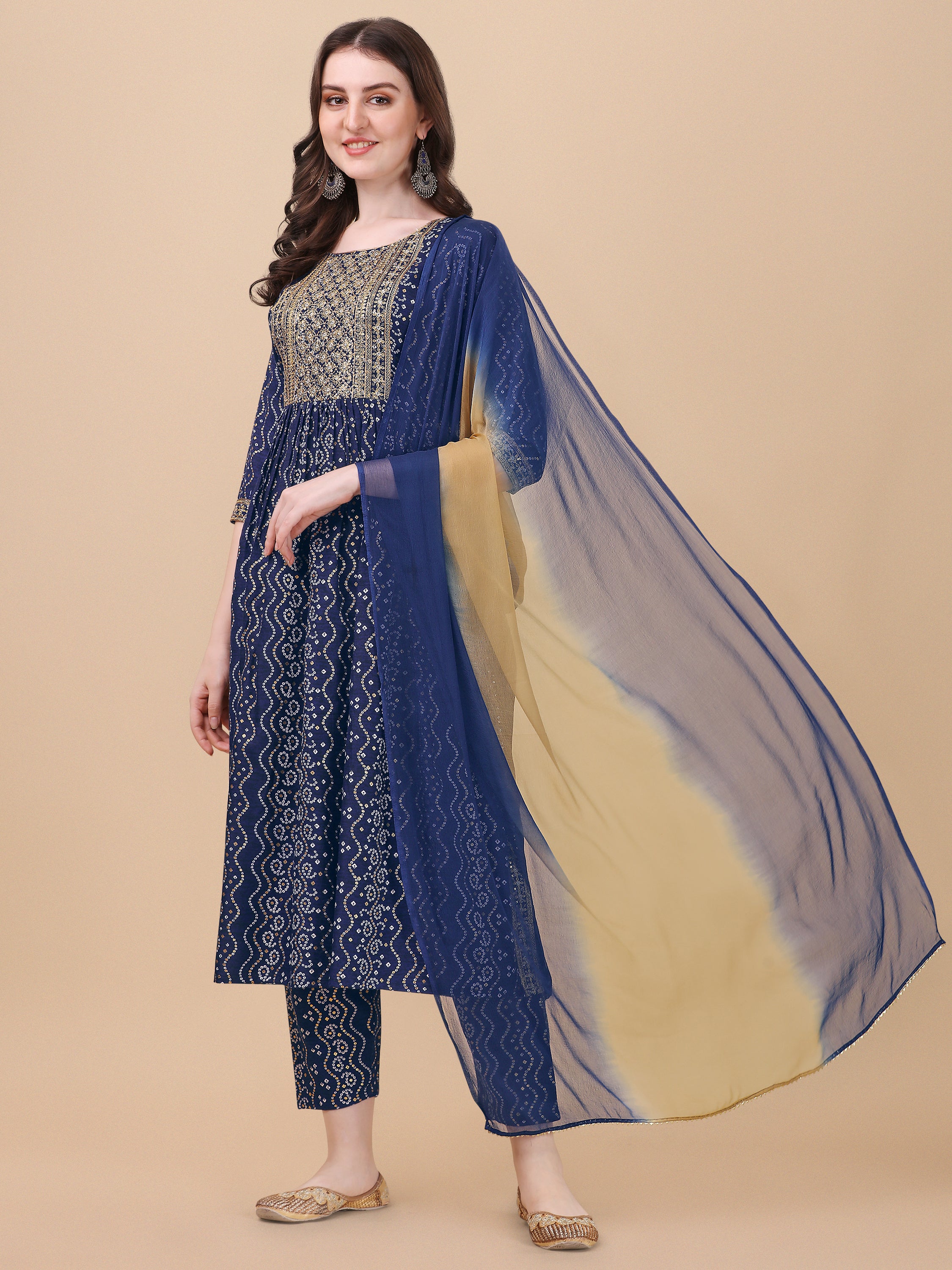 Nayra cut Bandhani Printed & embroidered kurta with pant & dupatta Set