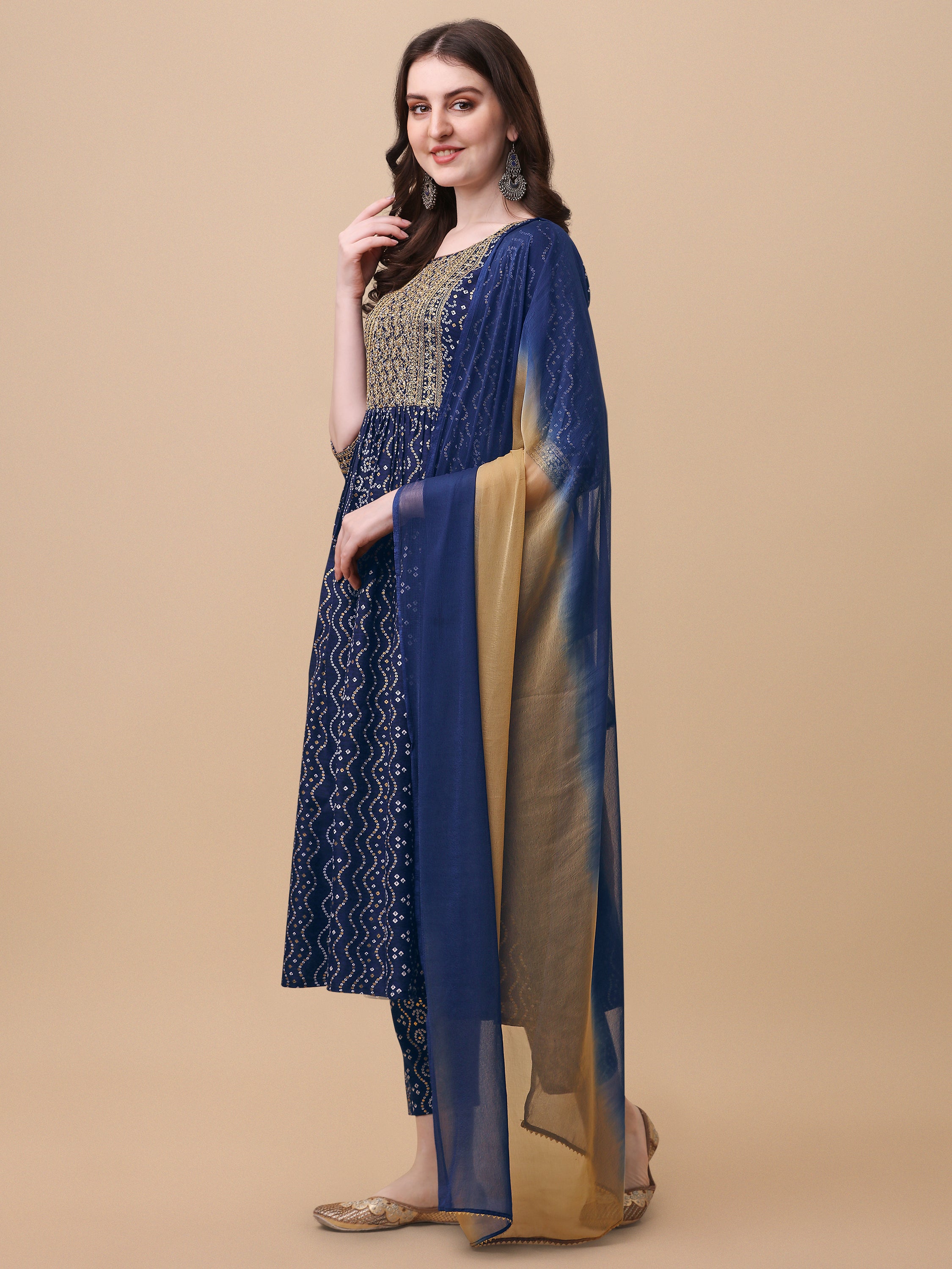 Nayra cut Bandhani Printed & embroidered kurta with pant & dupatta Set