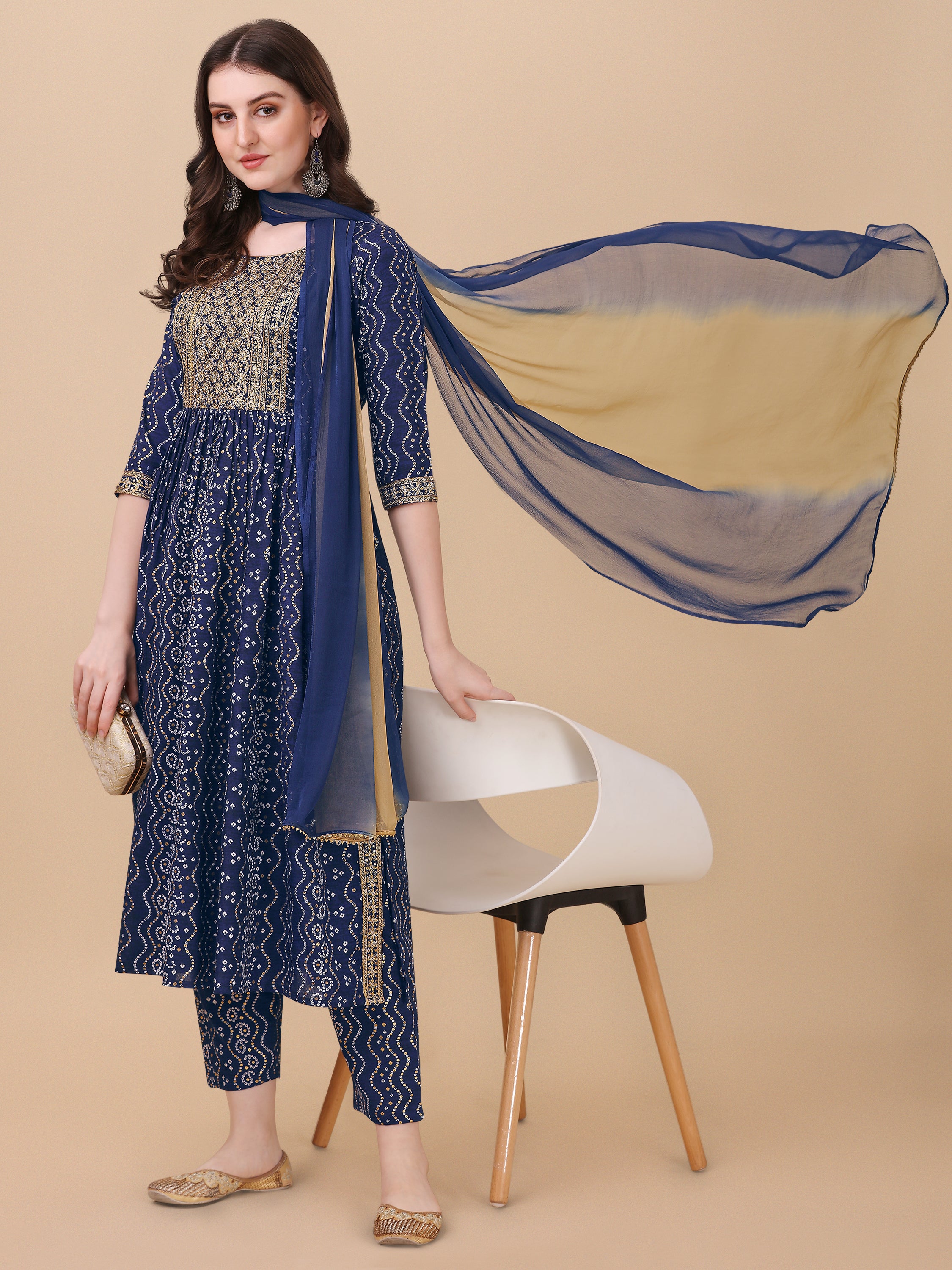 Nayra cut Bandhani Printed & embroidered kurta with pant & dupatta Set