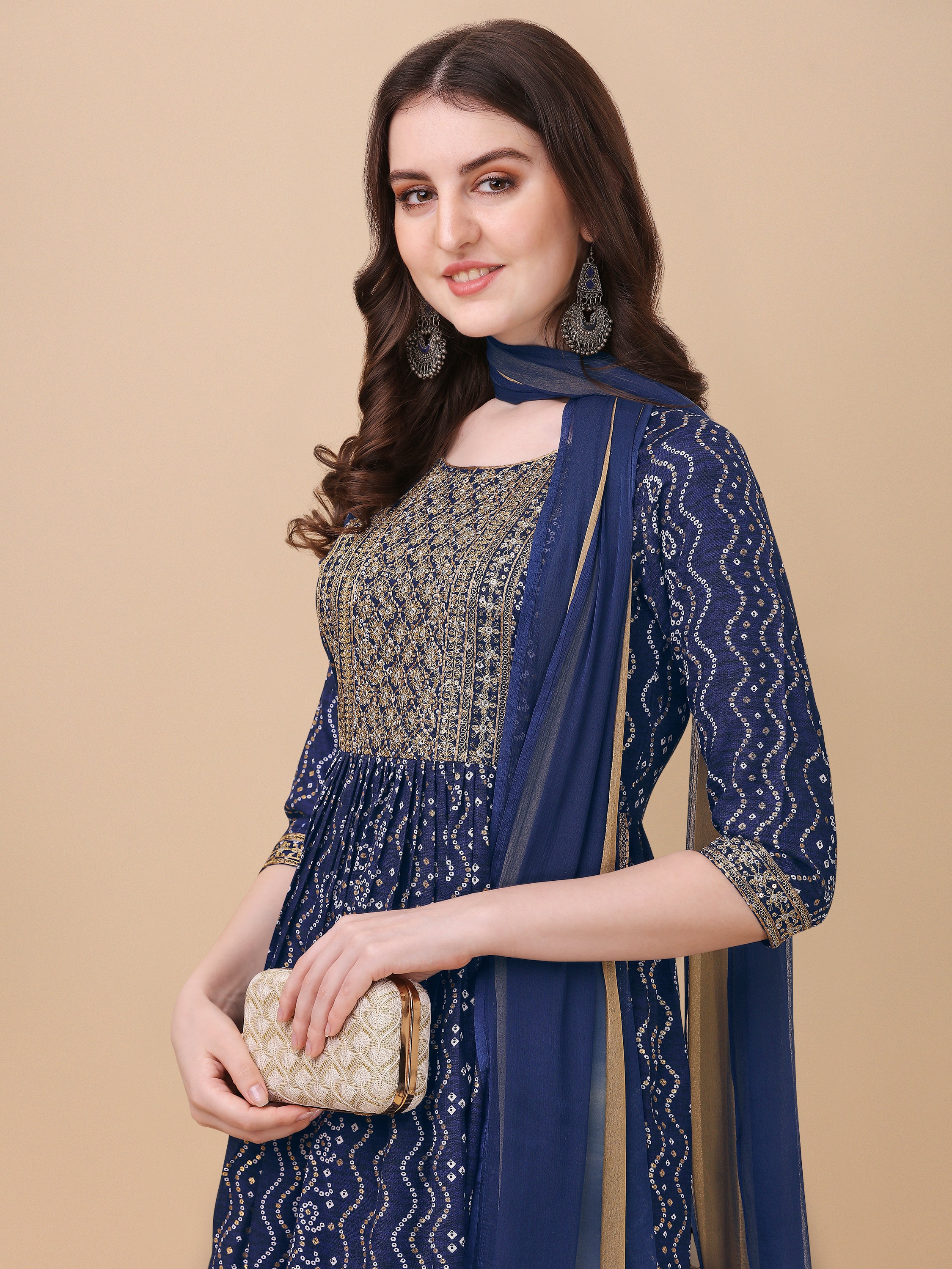 Nayra cut Bandhani Printed & embroidered kurta with pant & dupatta Set