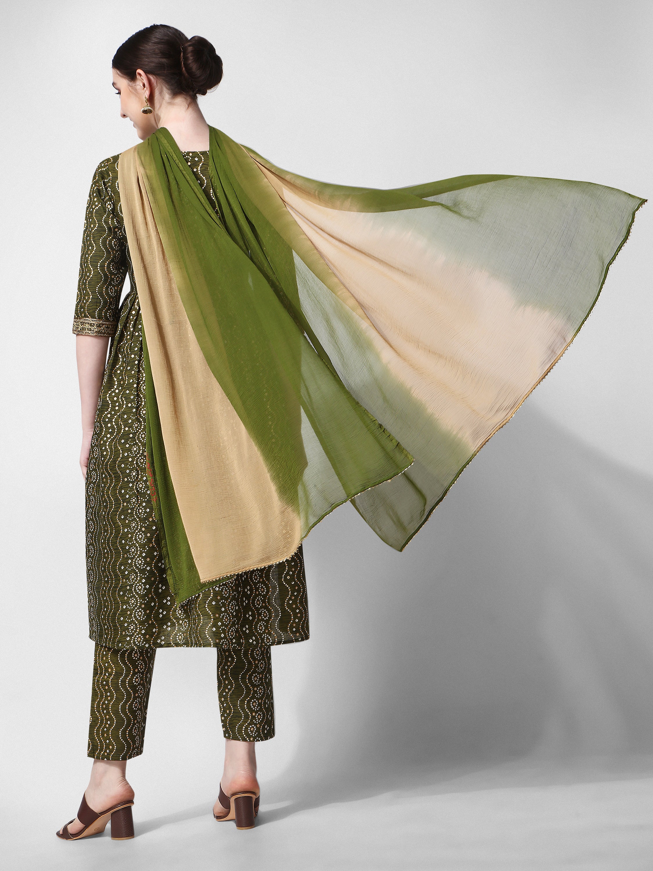 Nayra cut Bandhani Printed & embroidered Green  kurta with pant & dupatta Set