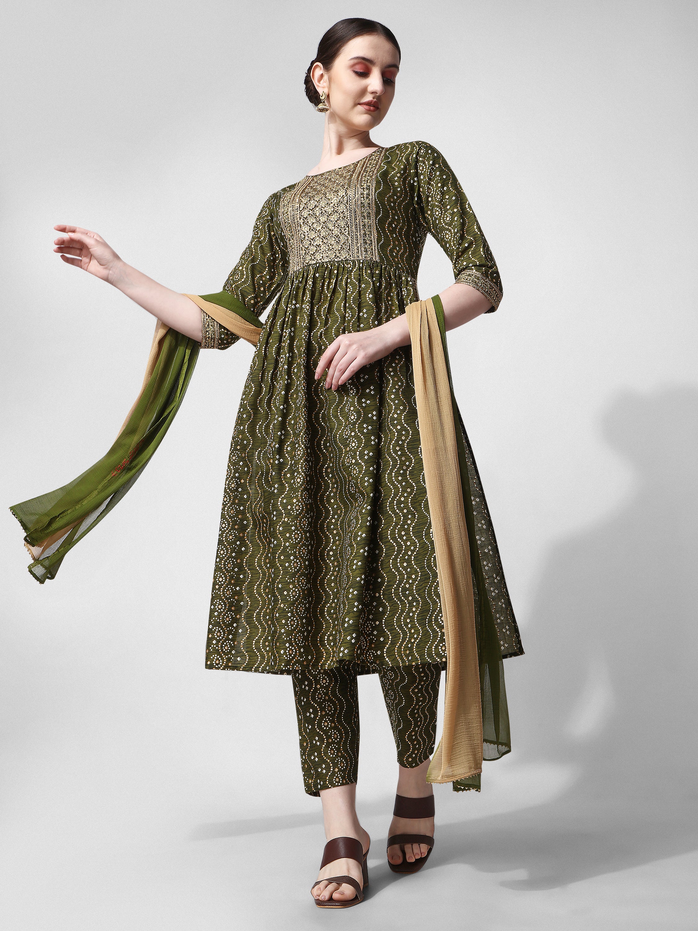 Nayra cut Bandhani Printed & embroidered Green  kurta with pant & dupatta Set