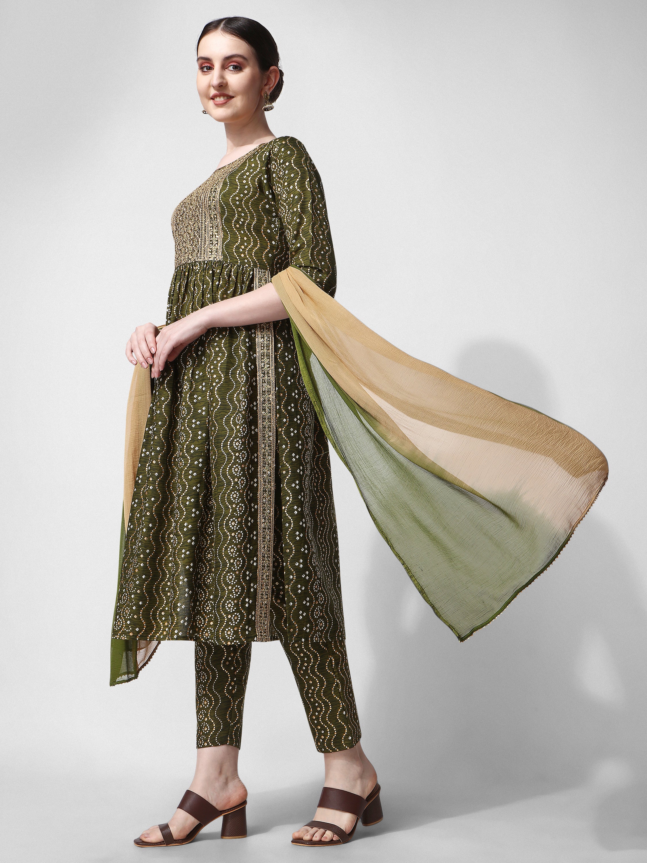 Nayra cut Bandhani Printed & embroidered Green  kurta with pant & dupatta Set