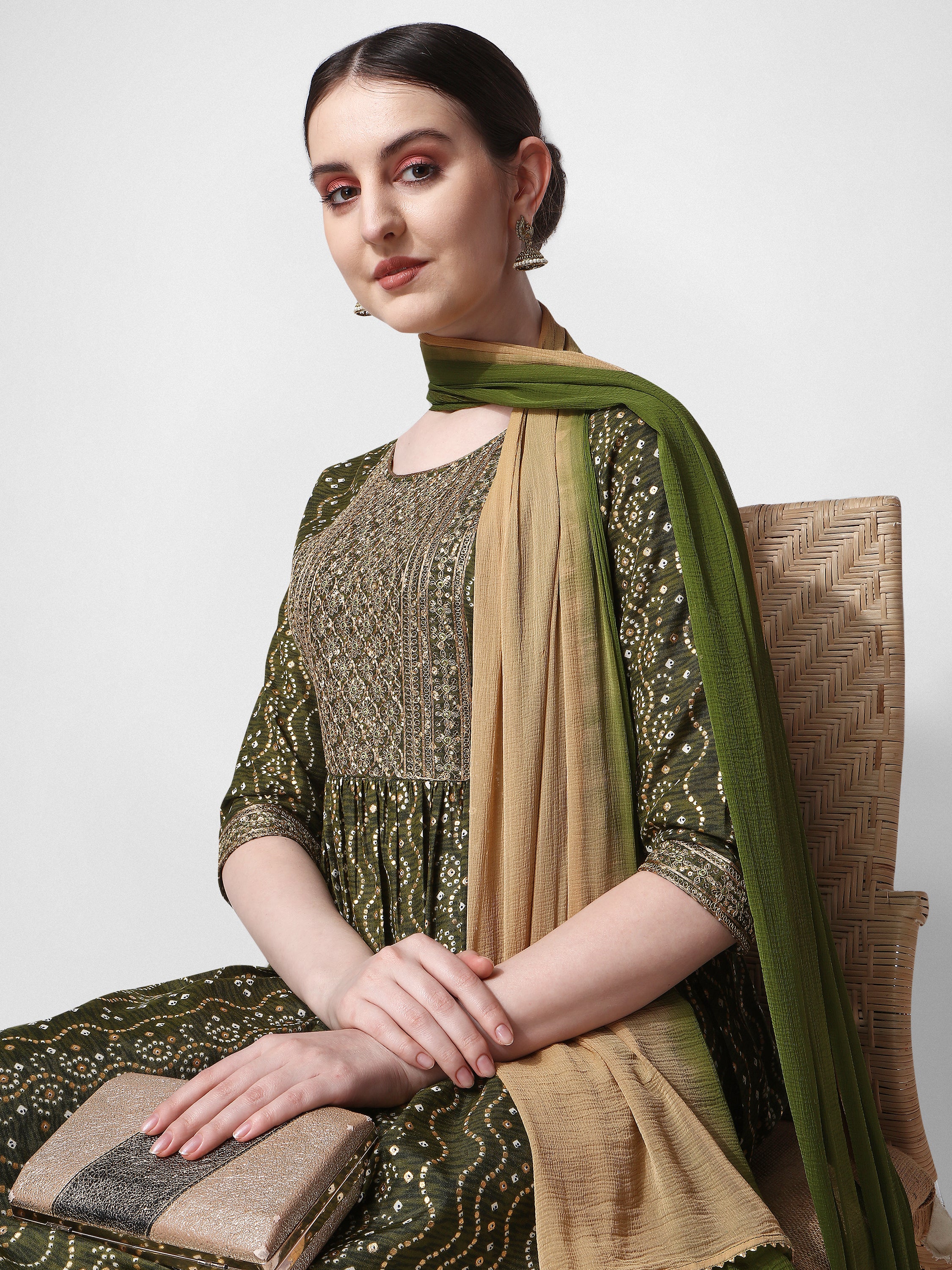 Nayra cut Bandhani Printed & embroidered Green  kurta with pant & dupatta Set