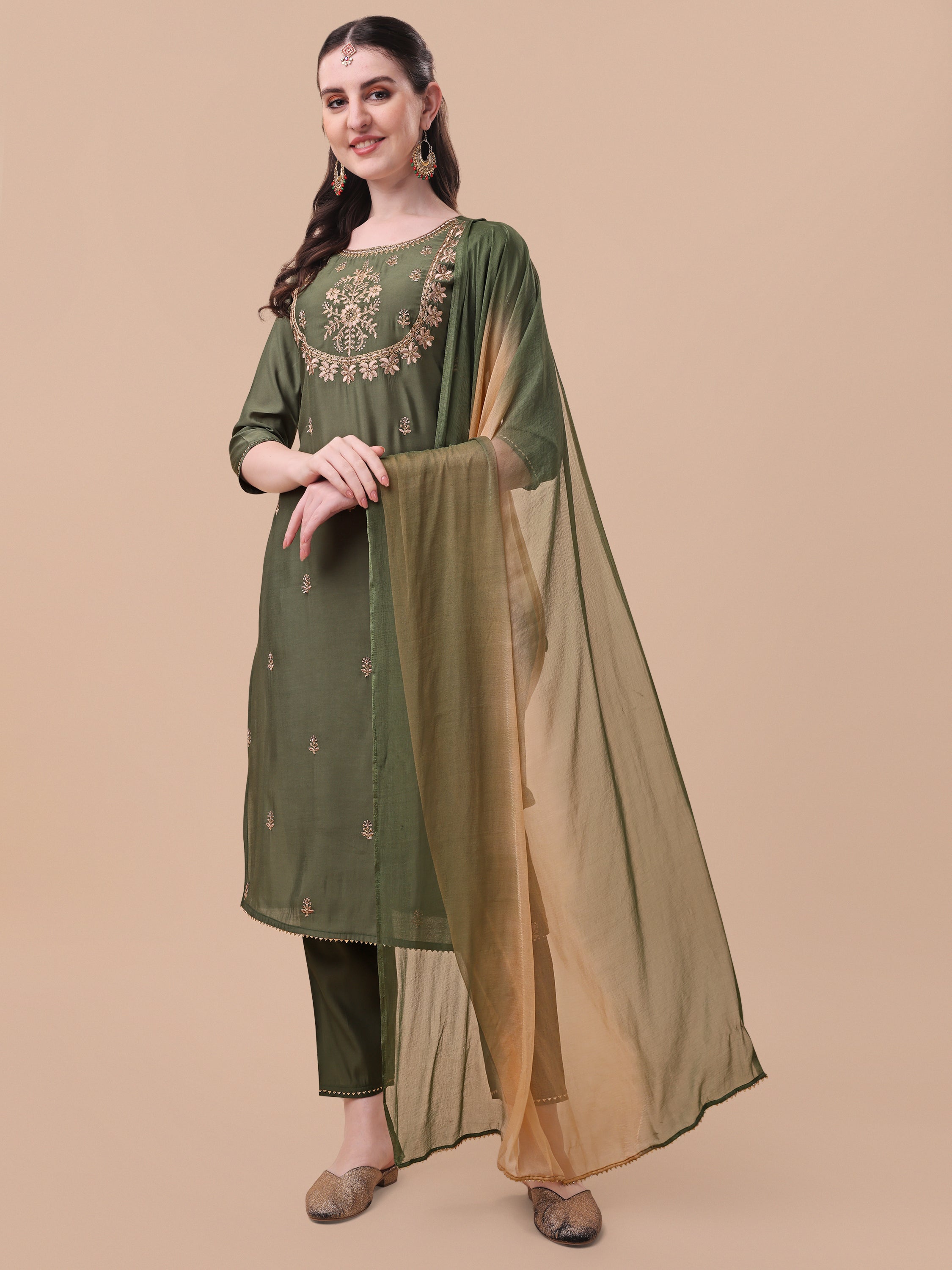 Embroidered kurta with pant and dupatta set