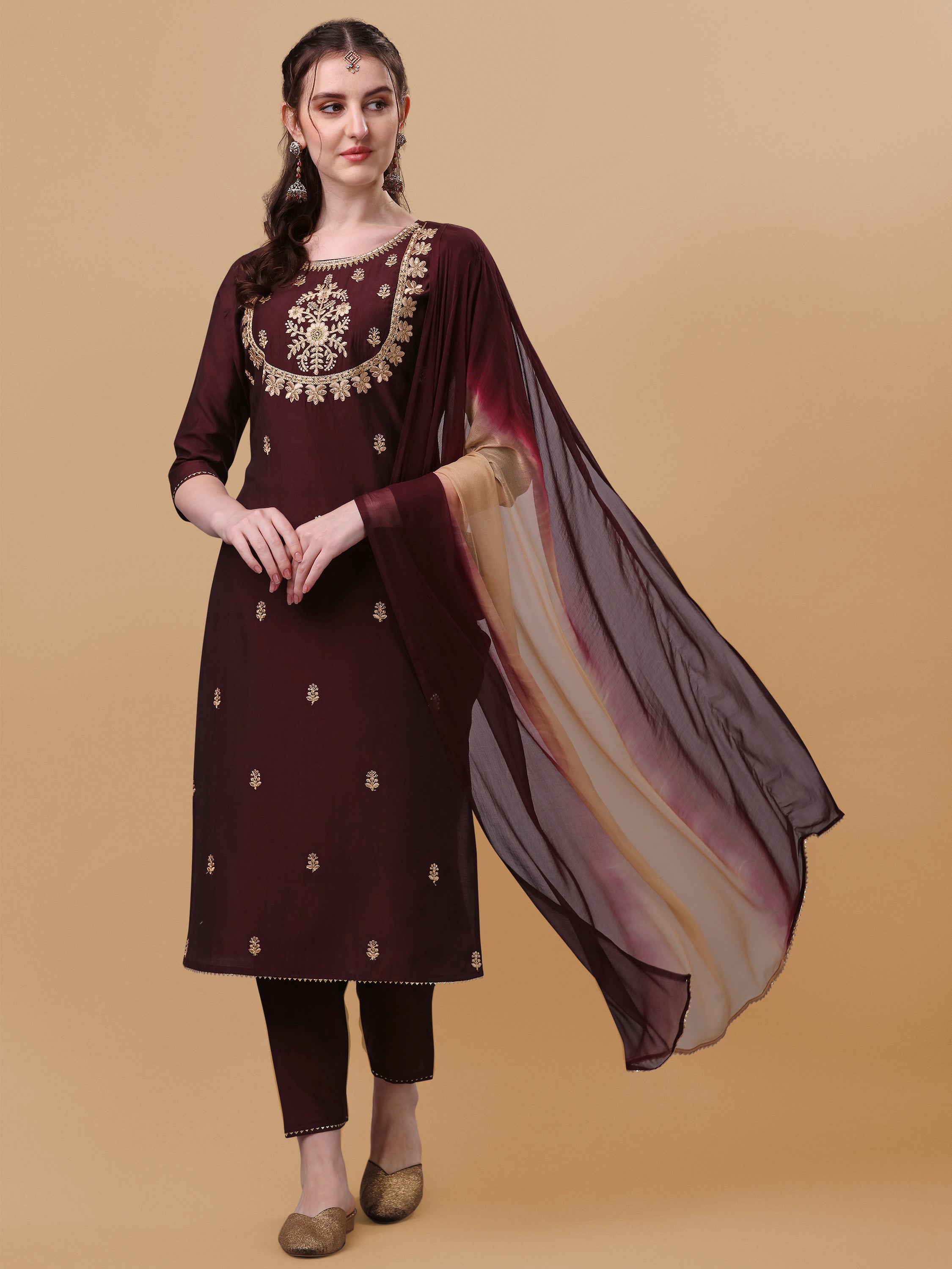 Embroidered kurta with pant and dupatta set