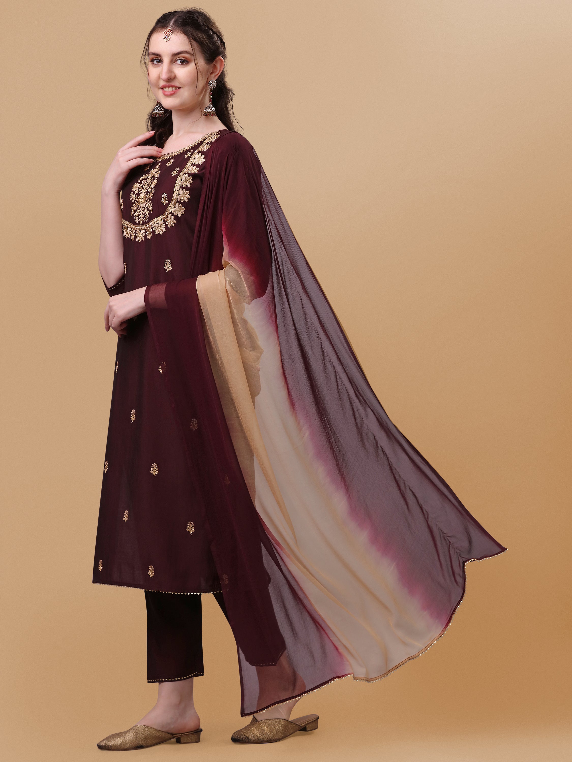 Embroidered kurta with pant and dupatta set