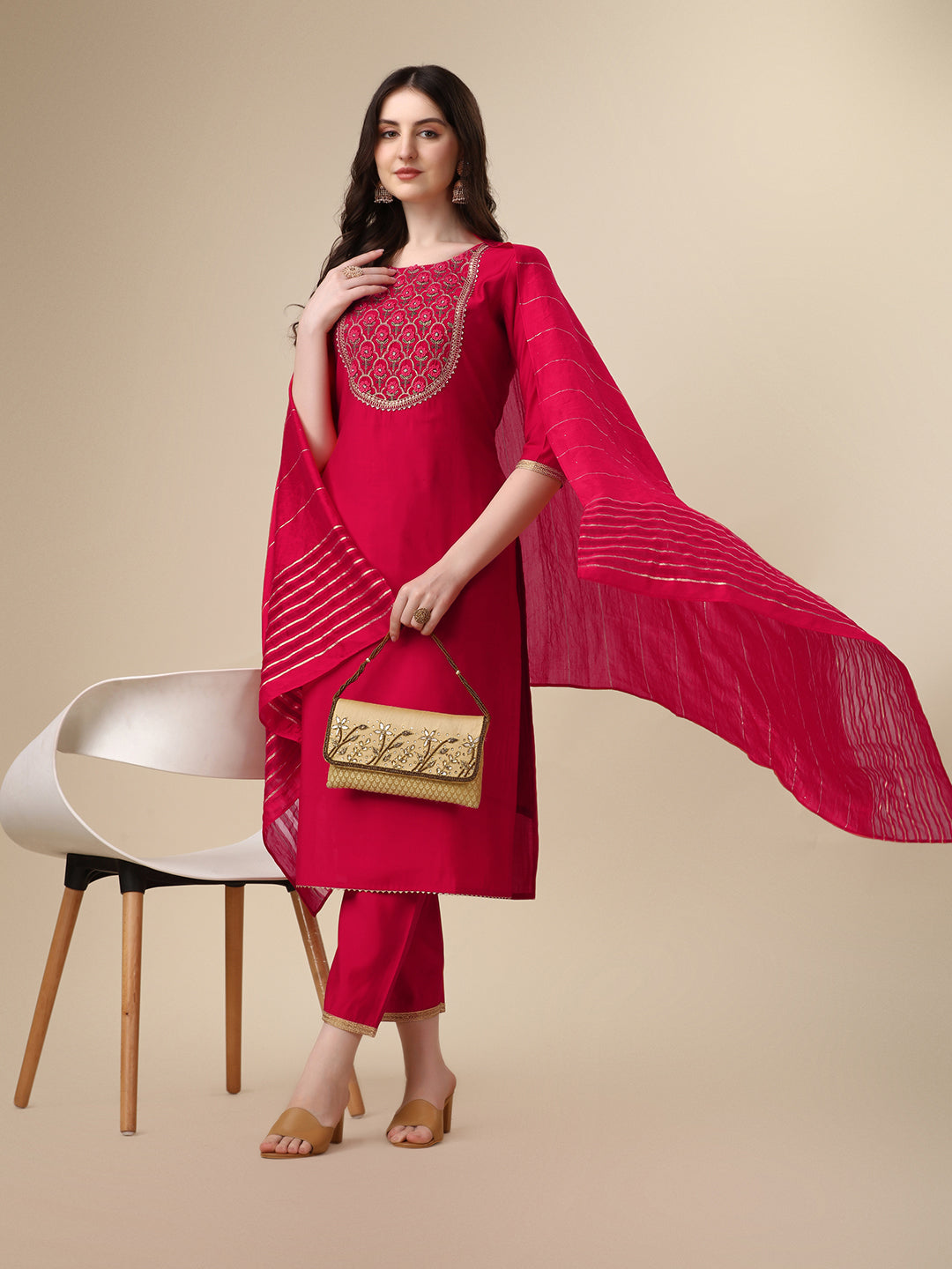 Embroidered Kurta with Pant and Dupatta Set