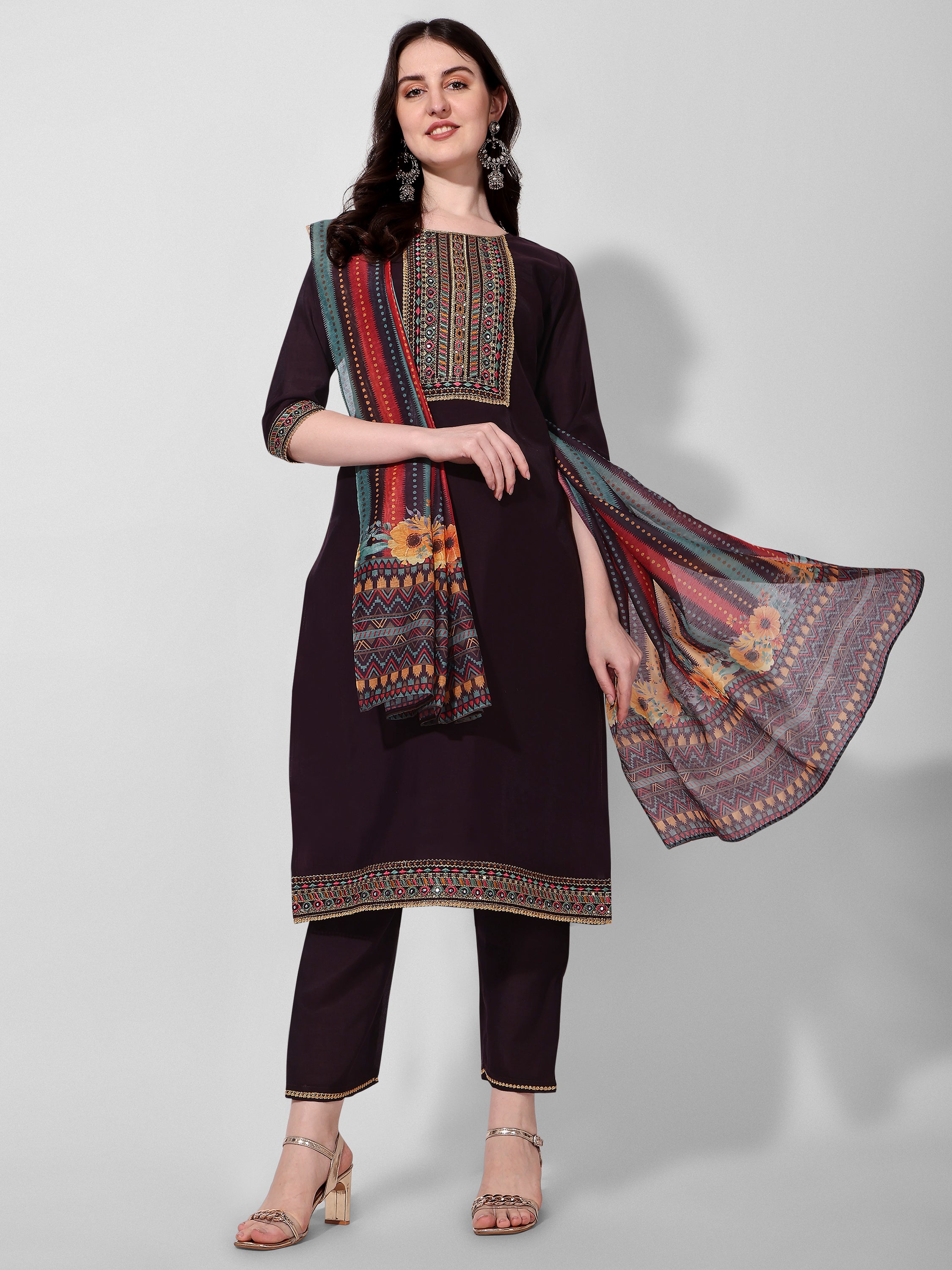 Wine Embroidered kurta pant & dupatta set