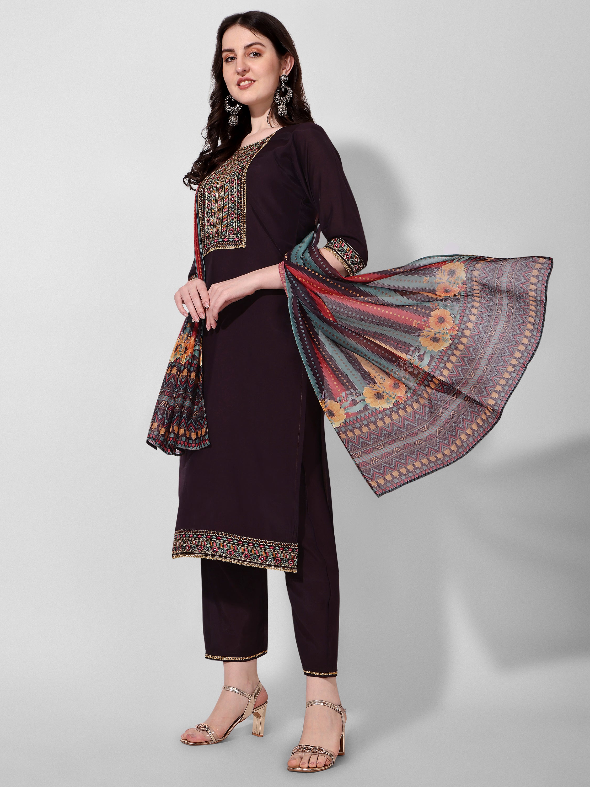 Wine Embroidered kurta pant & dupatta set