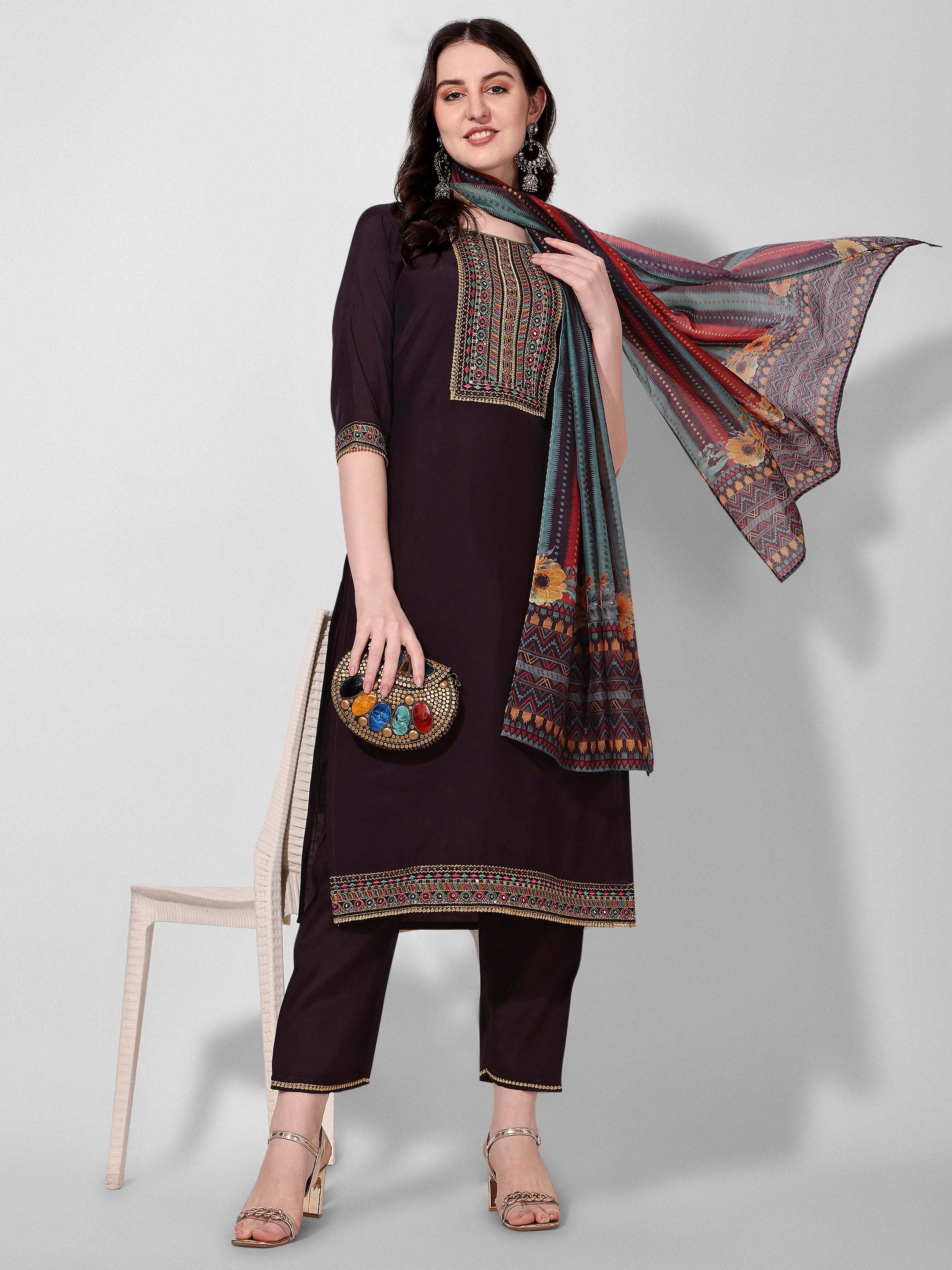 Wine Embroidered kurta pant & dupatta set