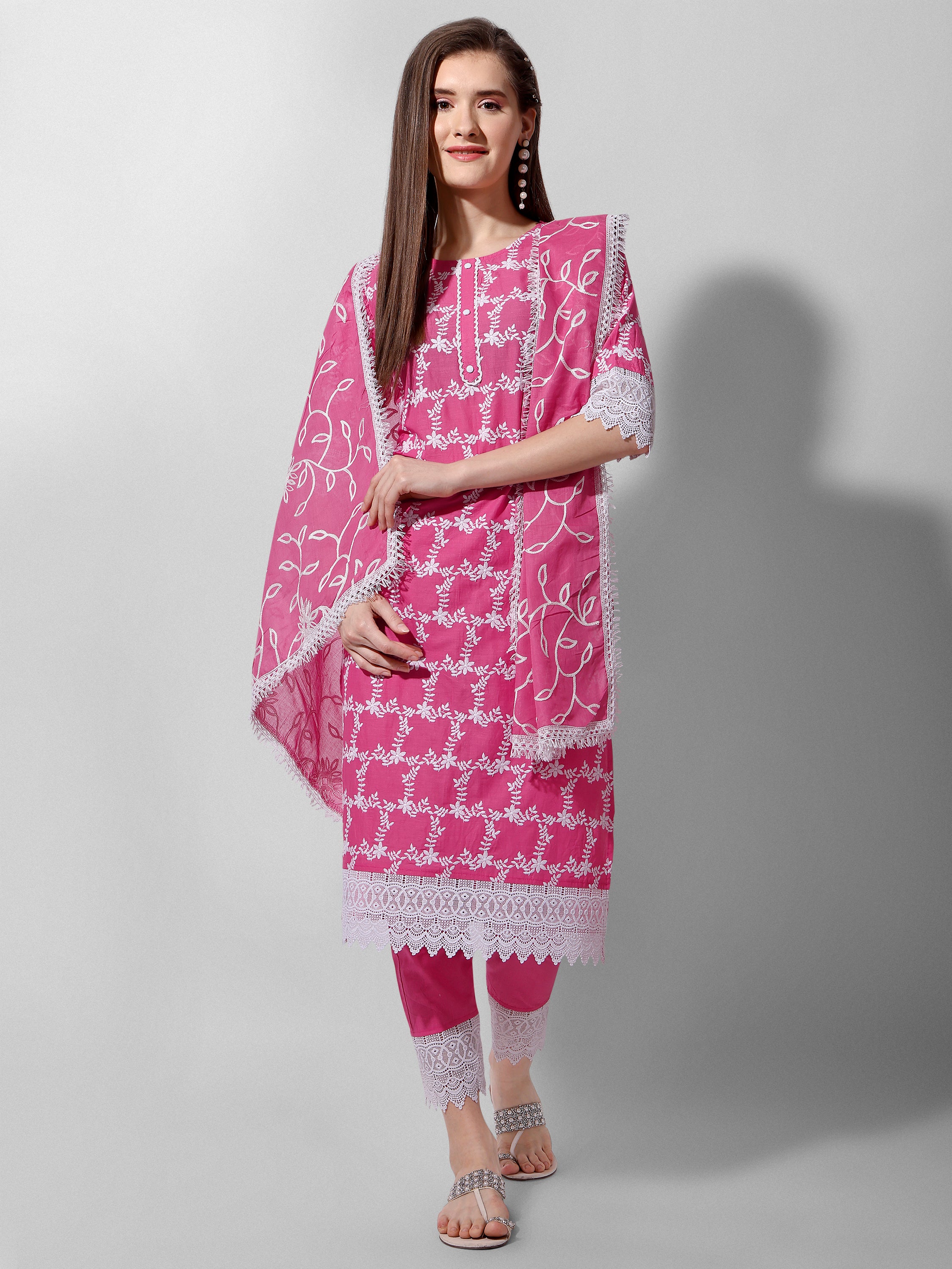 Embroidered Kurta With Pant And Dupatta Set