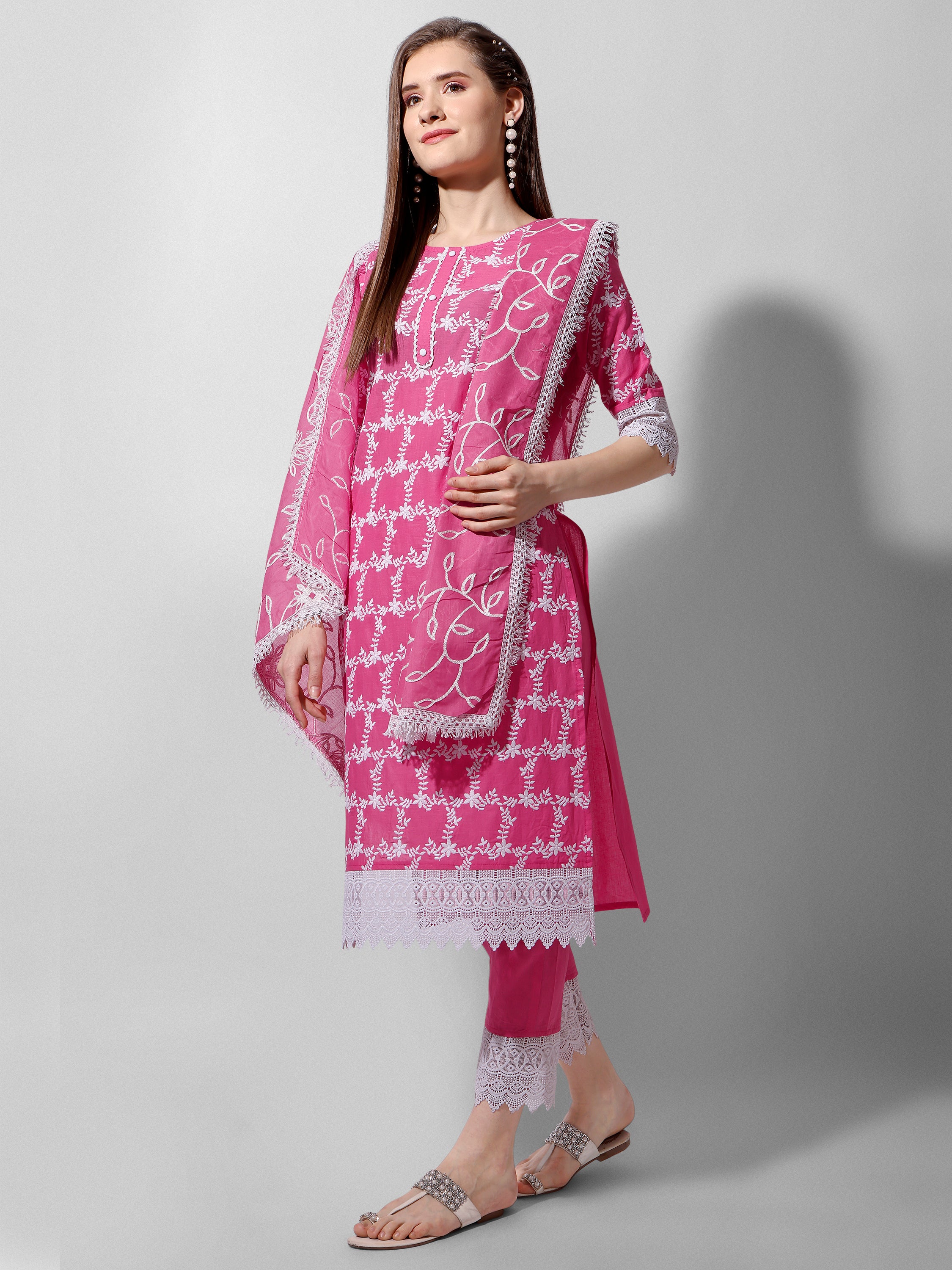 Embroidered Kurta With Pant And Dupatta Set