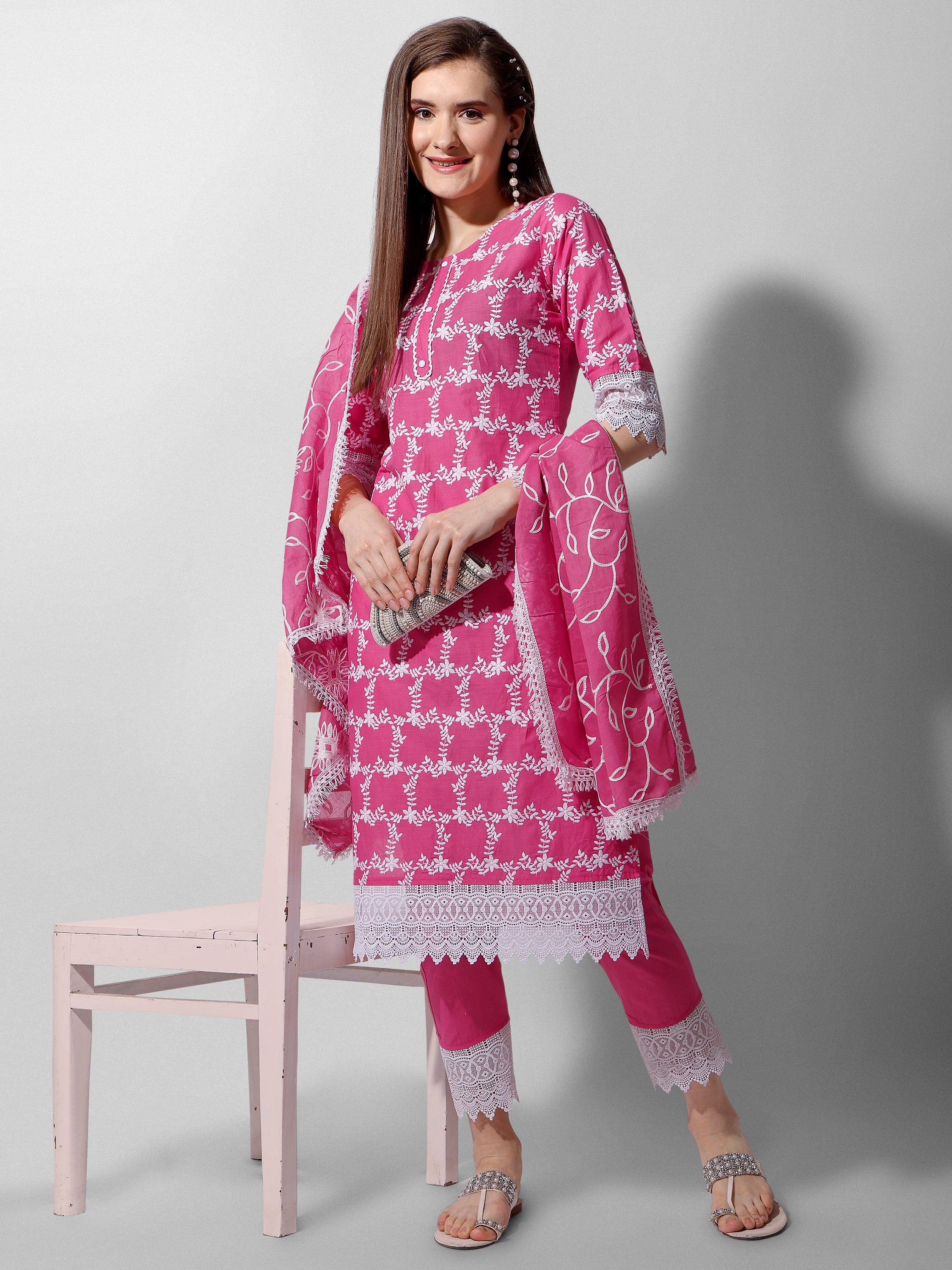 Embroidered Kurta With Pant And Dupatta Set