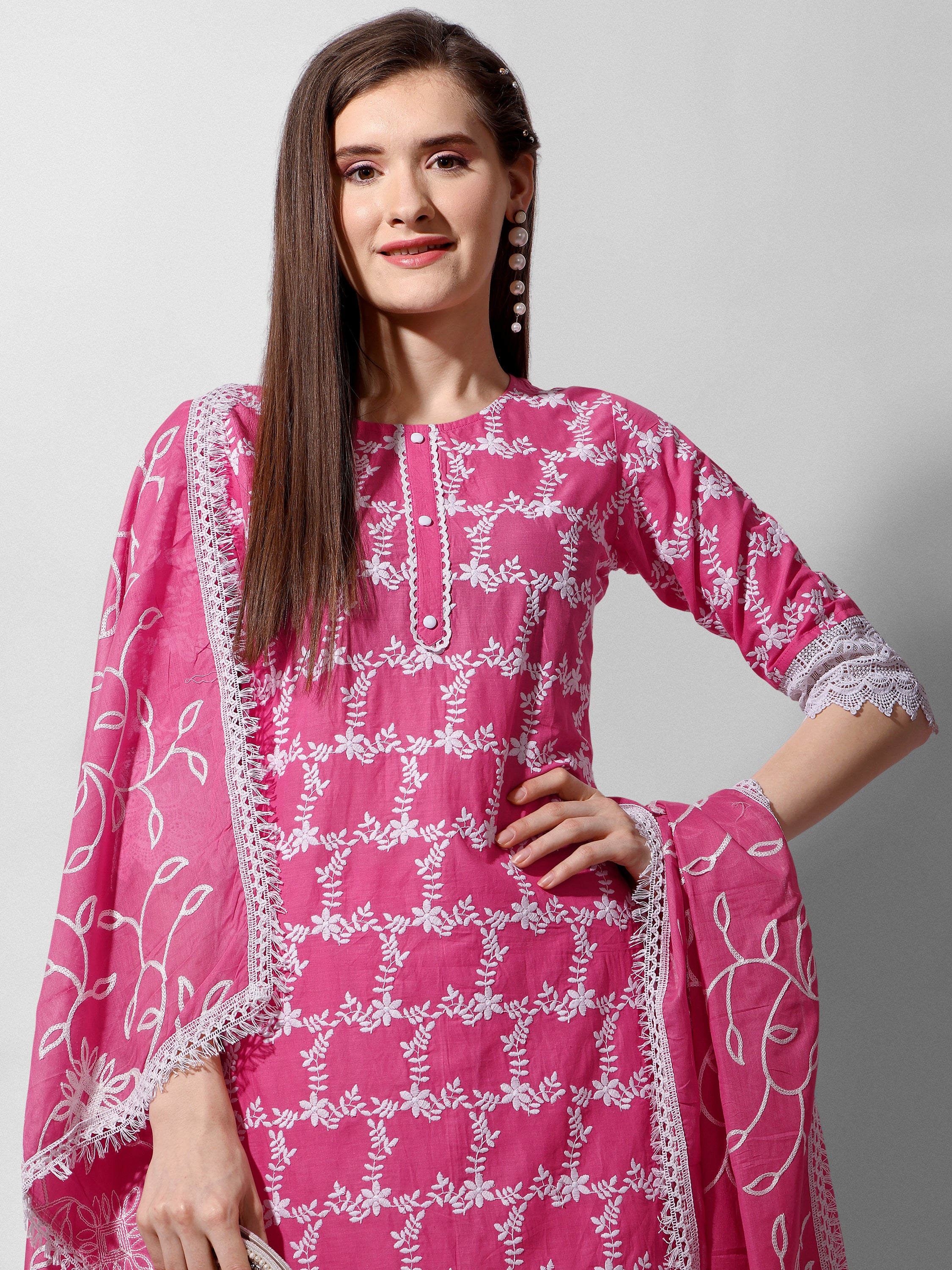 Embroidered Kurta With Pant And Dupatta Set