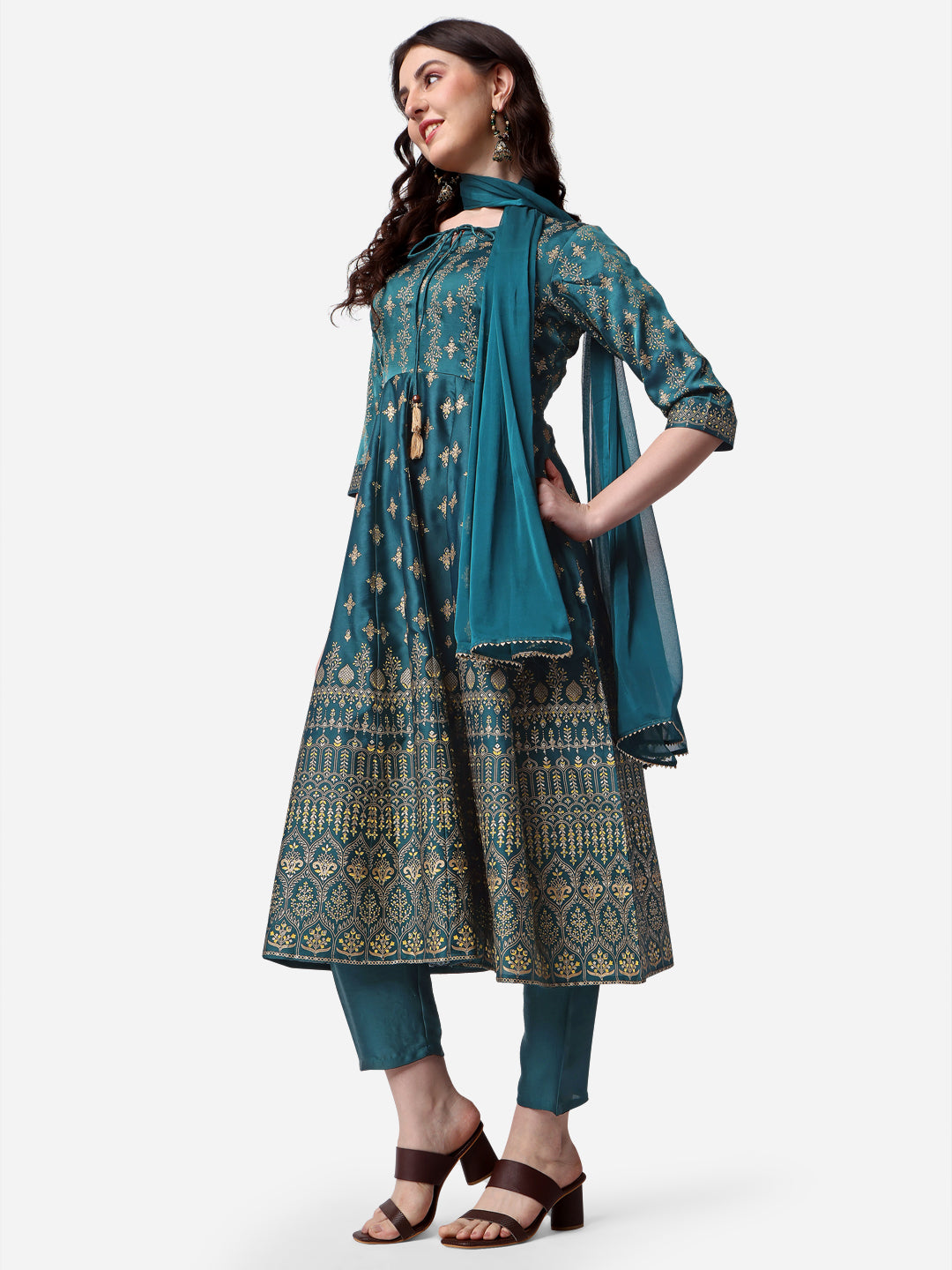 Anarkali Printed Kurta with Pant & Dupatta Set