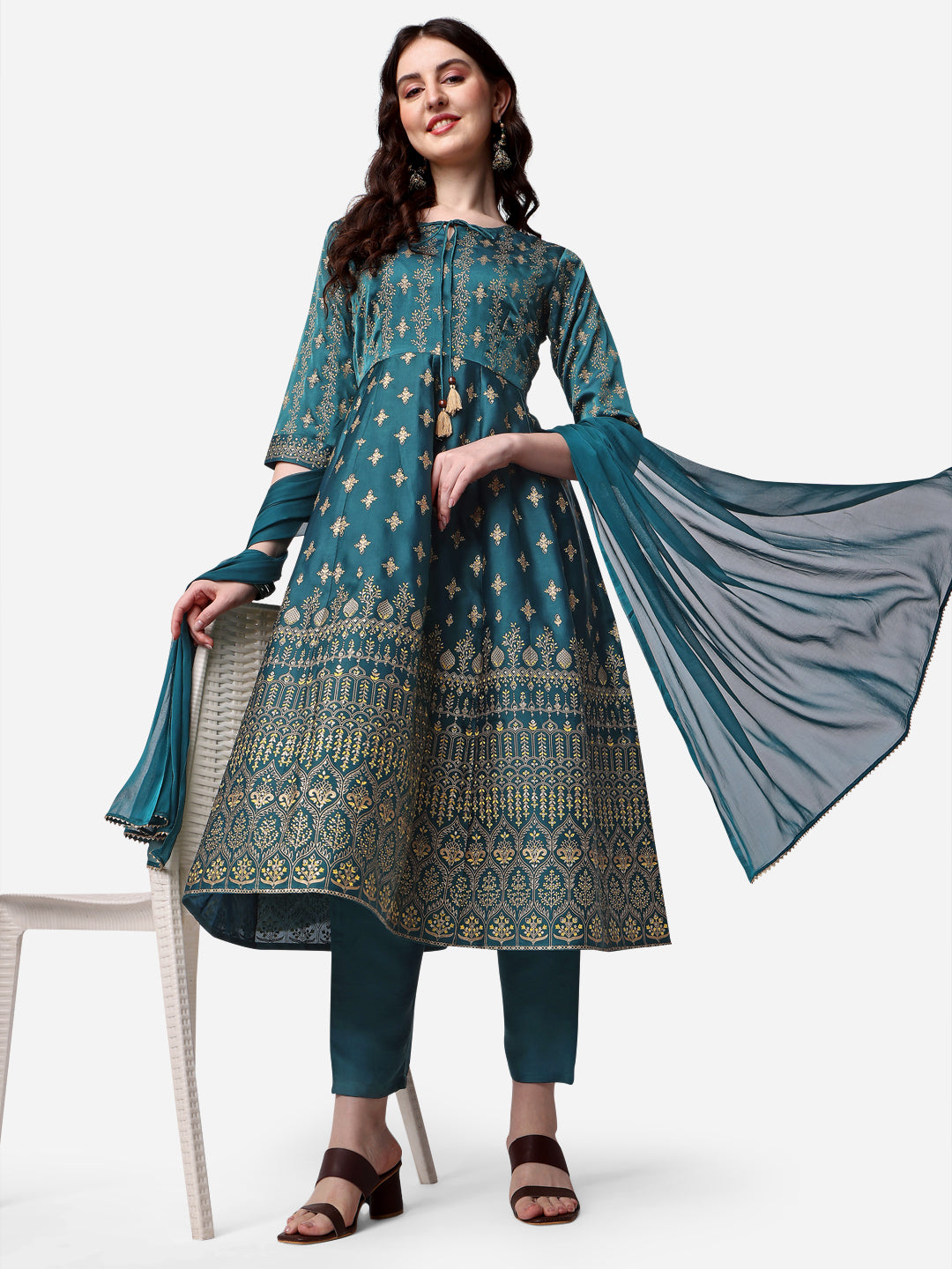 Anarkali Printed Kurta with Pant & Dupatta Set