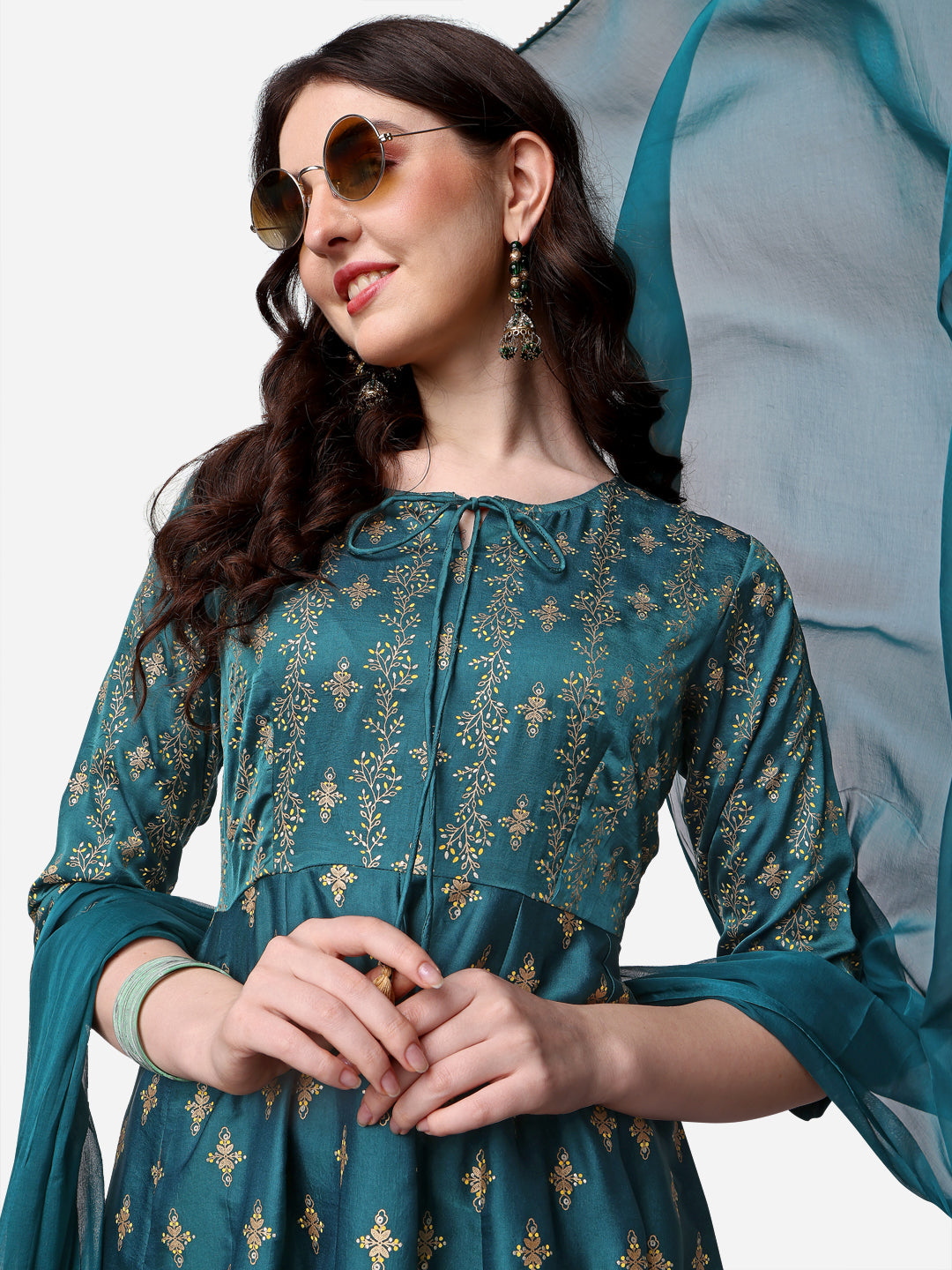 Anarkali Printed Kurta with Pant & Dupatta Set