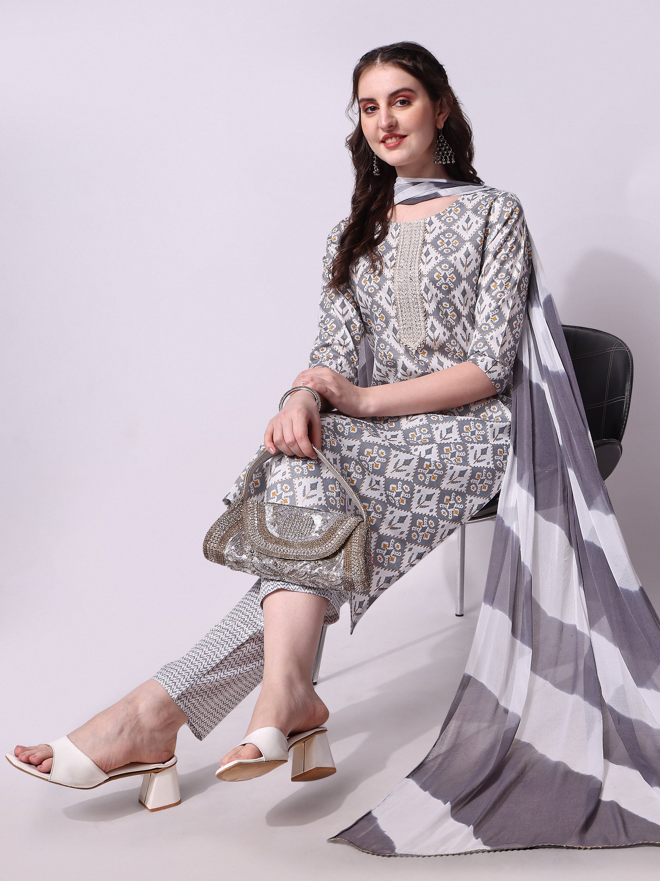 Printed kurta with pant & printed dupatta set